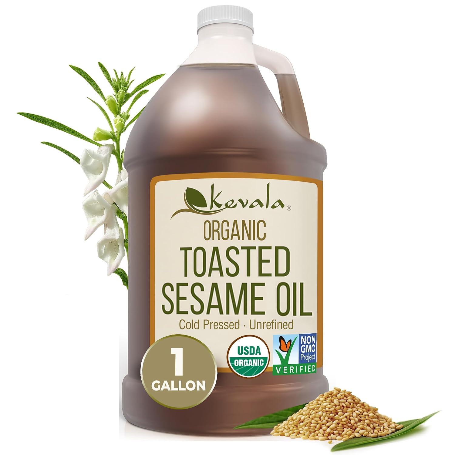 Kevala Organic Toasted Sesame Oil - 1 gal, Made with Organic Sesame Seeds | Medium Smoke Point Suitable for Light Roasting and Stir-Frying, Kitchen Pantry Essential Vegetable Oil, Salad Dressing Base