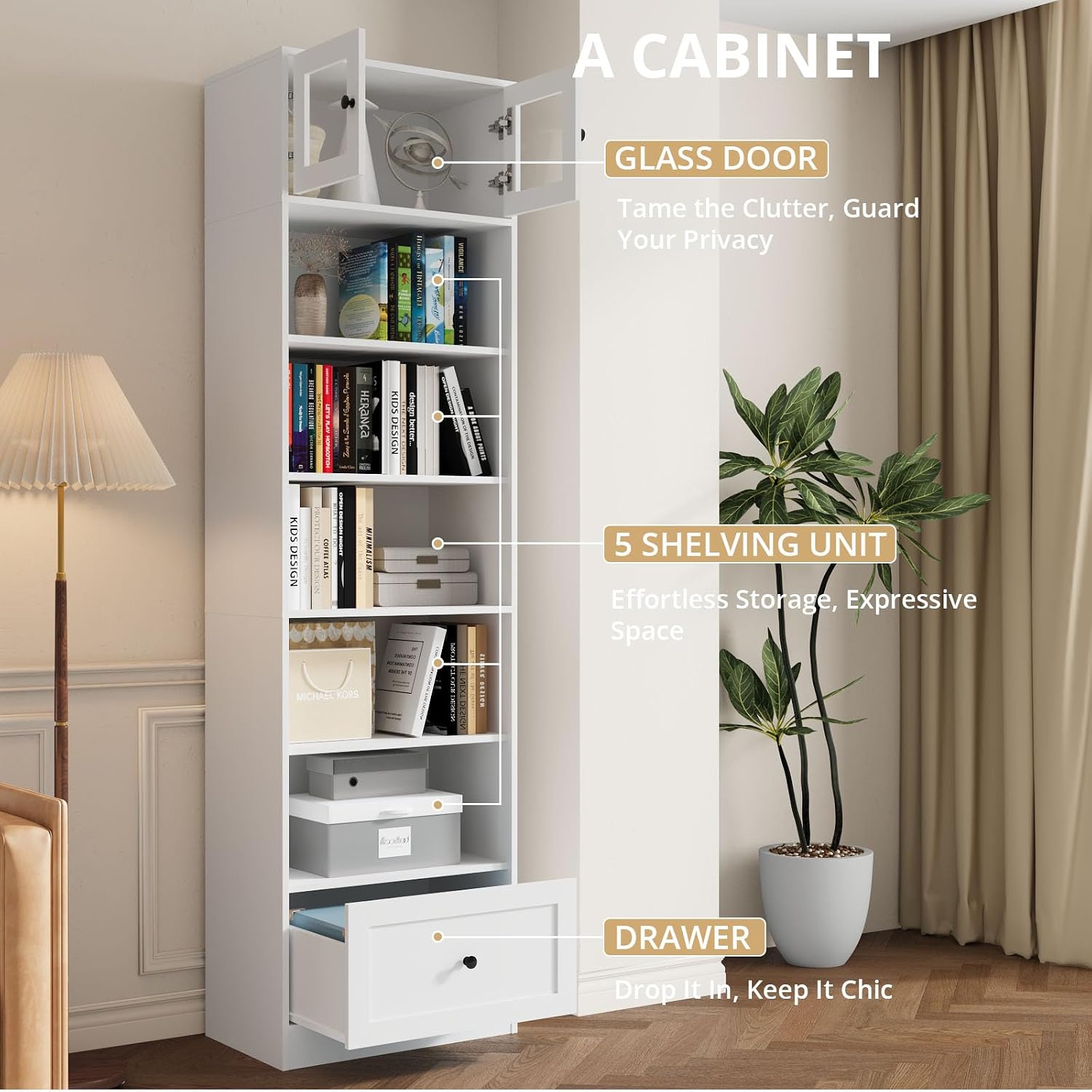 TUSY 85.5 Inch Tall Bookshelf with Doors - 7 Tier Bookcase with Glass Doors and Drawer, 23.6" Wide Storage Cabinet with Open Shelves for Living Room, White Book Shelf for Home Office, Study (AAAA)