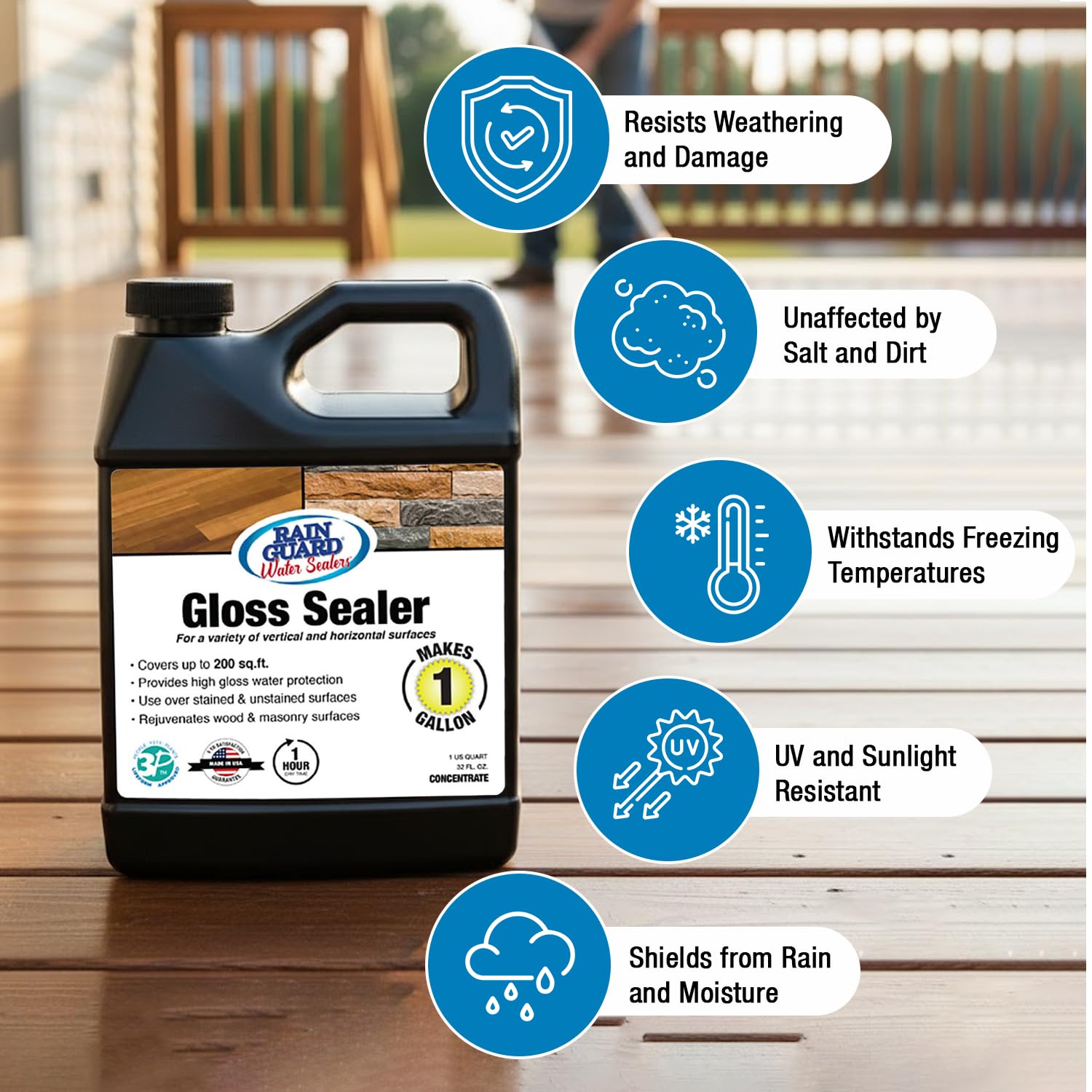 Rainguard Clear Gloss Sealer, Wet Look Water Based Silicone Acrylic Waterproofer for Concrete, Wood, Brick, Stone & Masonry Surfaces, Ready to Use, 1 Gallon | Water Based Silicone Acrylic For Wood, Brick, Stone & Masonry Surfaces, Ready To Use For Pavers…