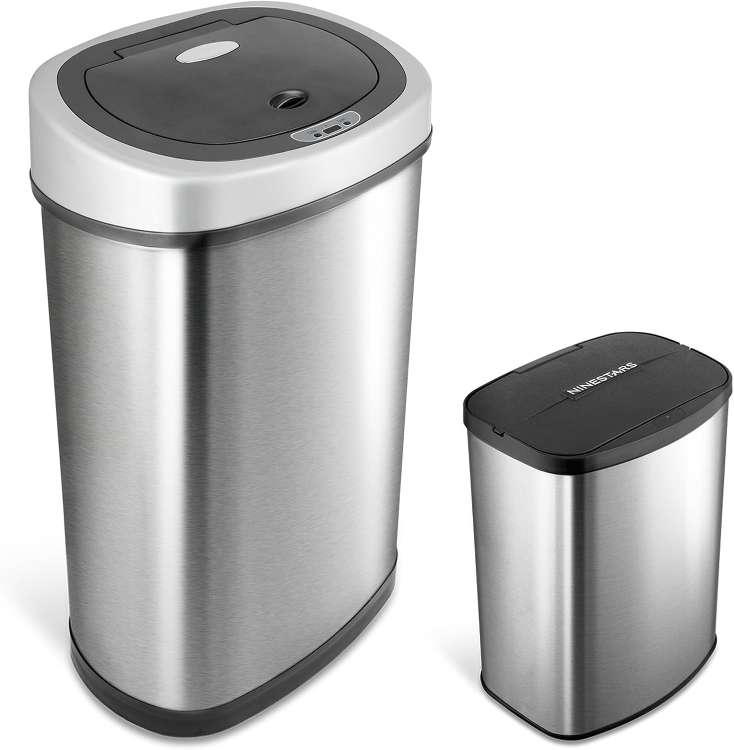 NINESTARS CB-DZT-50-98-1C Automatic Touchless Motion Sensor Oval & Rectangular Trash Can Combo Set, 13.2 Gal. 50 L. & 2.1 Gal.8 L., Stainless Steel