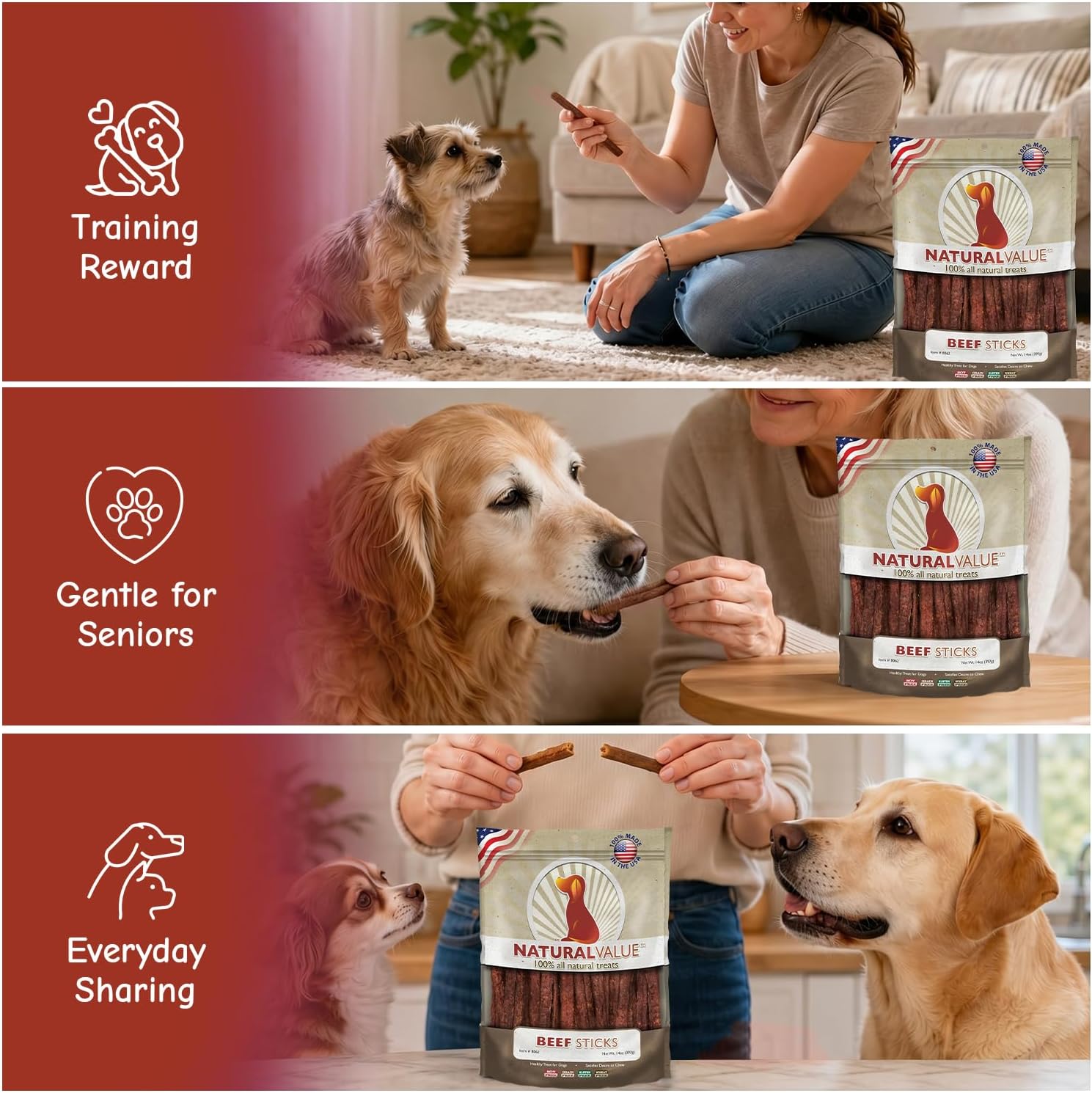 Loving Pets Natural Value Beef Sticks - Soft Jerky Dog Treats for Large & Small Breeds - Healthy Gluten, Wheat, Soy & Grain Free Pet Treats for Dogs