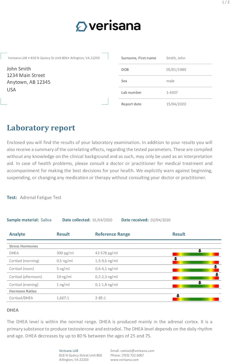 Adrenal Function Test – Saliva Test Kit for Diurnal Cortisol Levels and DHEA – Measure 4 Cortisol Levels + 1 DHEA Level for Insight into Adrenal