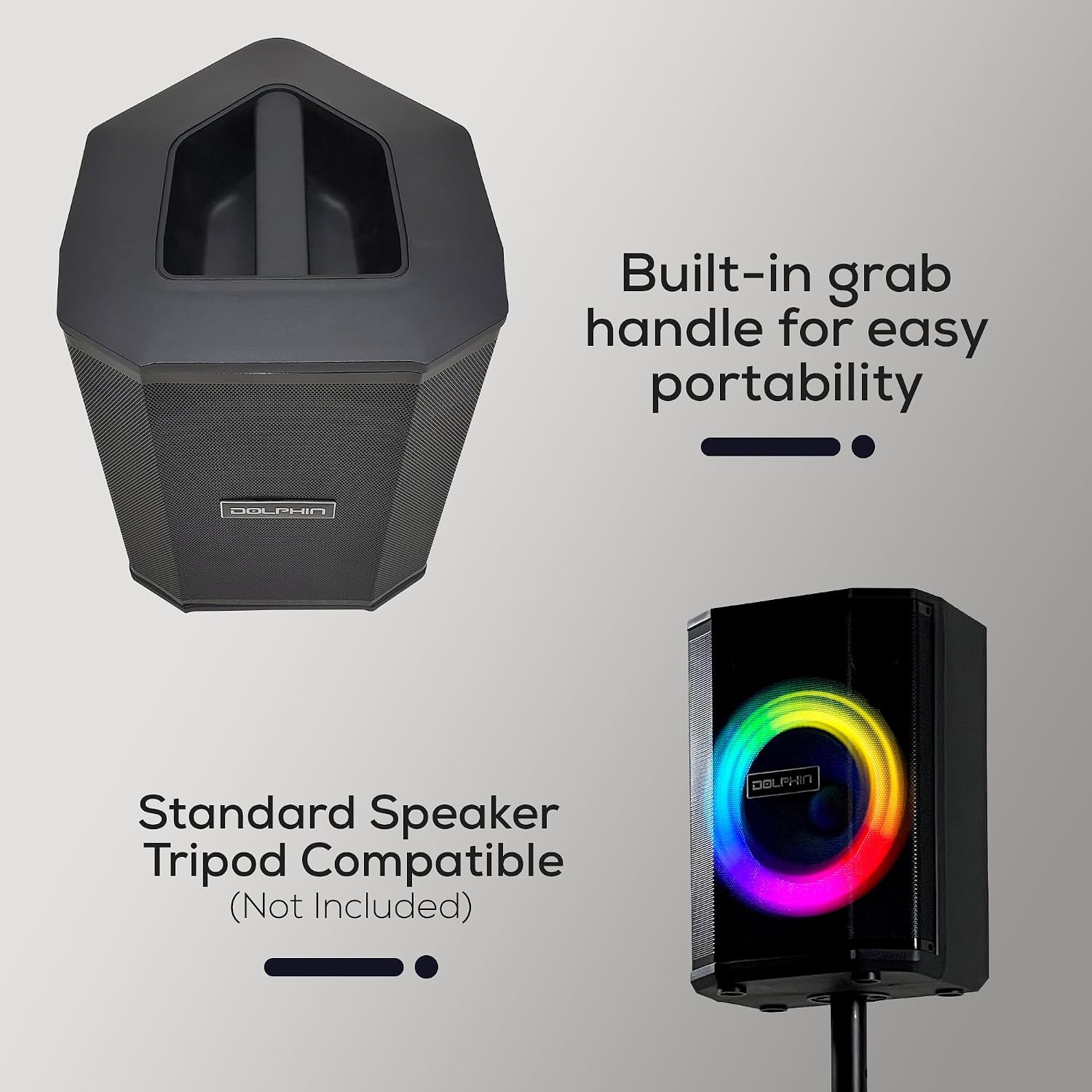 Dolphin Bluetooth Party Speaker with Wireless Microphone, 8" Woofer | 40W RMS, Tiltable Design, WaveSync TWS, LED Ring Light, USB/TF/AUX/FM