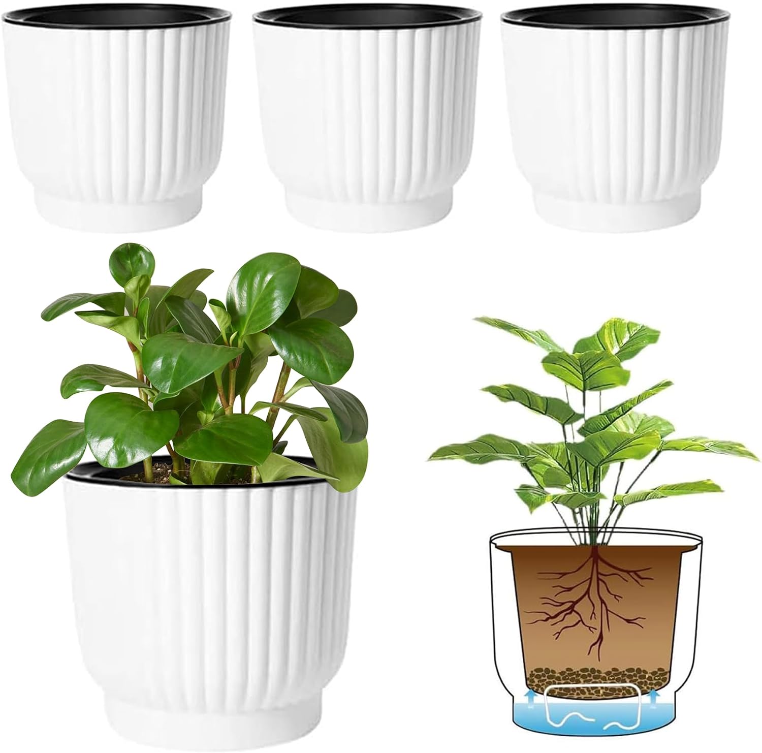 T4U Self Watering Pots for Indoor Plants, 4 Inch 6 Pack Planter White