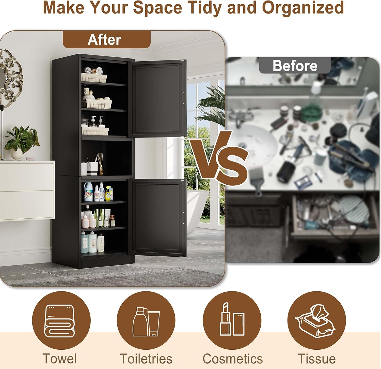 pozdeg 67" Tall Narrow White Metal Storage Cabinet | 2 Doors, 4 Adjustable Shelves, Freestanding Slim Pantry Organizer for Bathroom Kitchen Living Room