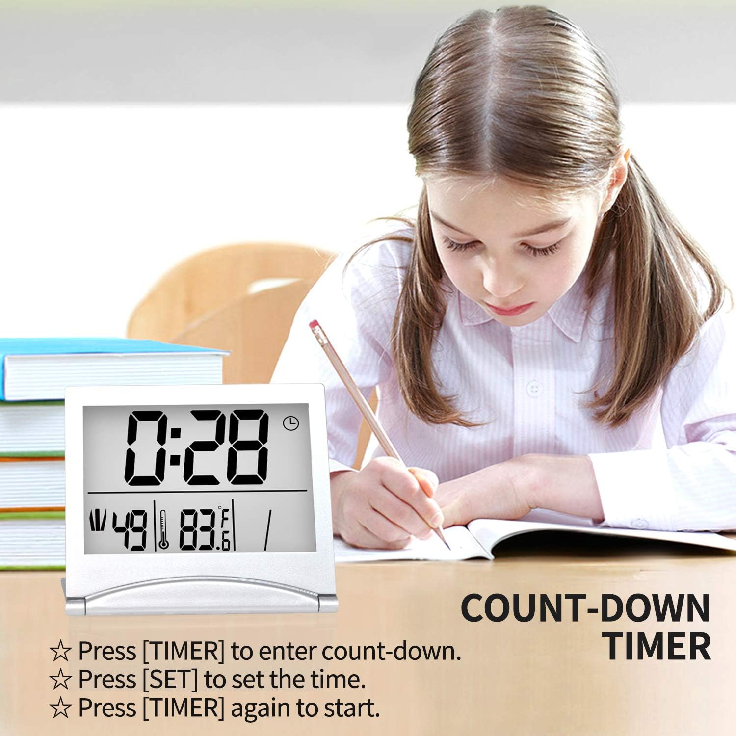 Betus Digital Travel Alarm Clock - Foldable Calendar Temperature Timer LCD Clock with Snooze Mode - Large Number Display, Battery Operated - Compact Desk Clock(Silver, No Backlight)