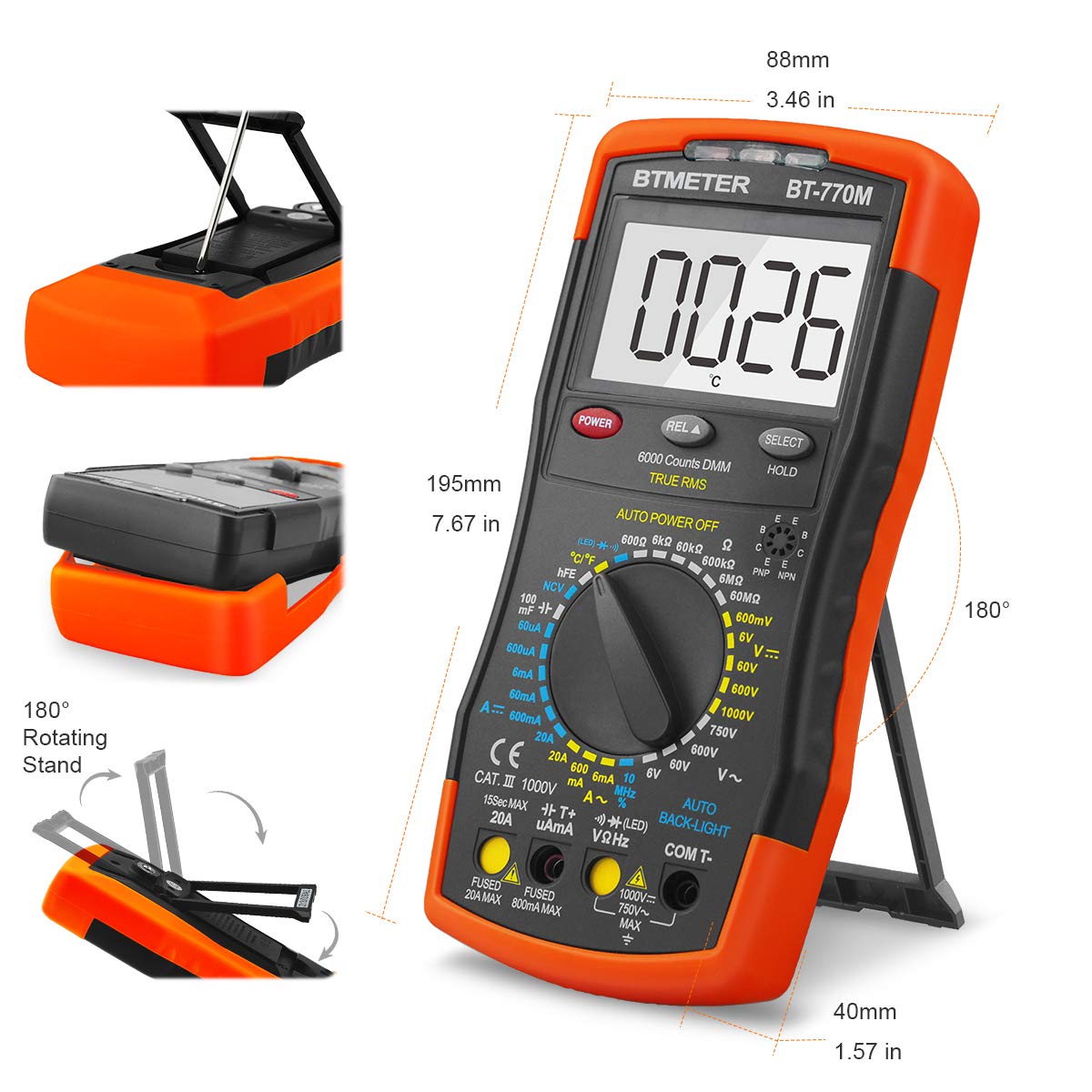 Digital Multimeter TRMS 6000 Count, BTMETER BT-770M Auto/Manual Ranging DMM Electrical Meter Tester for AC/DC Amp, AC/DC Volt