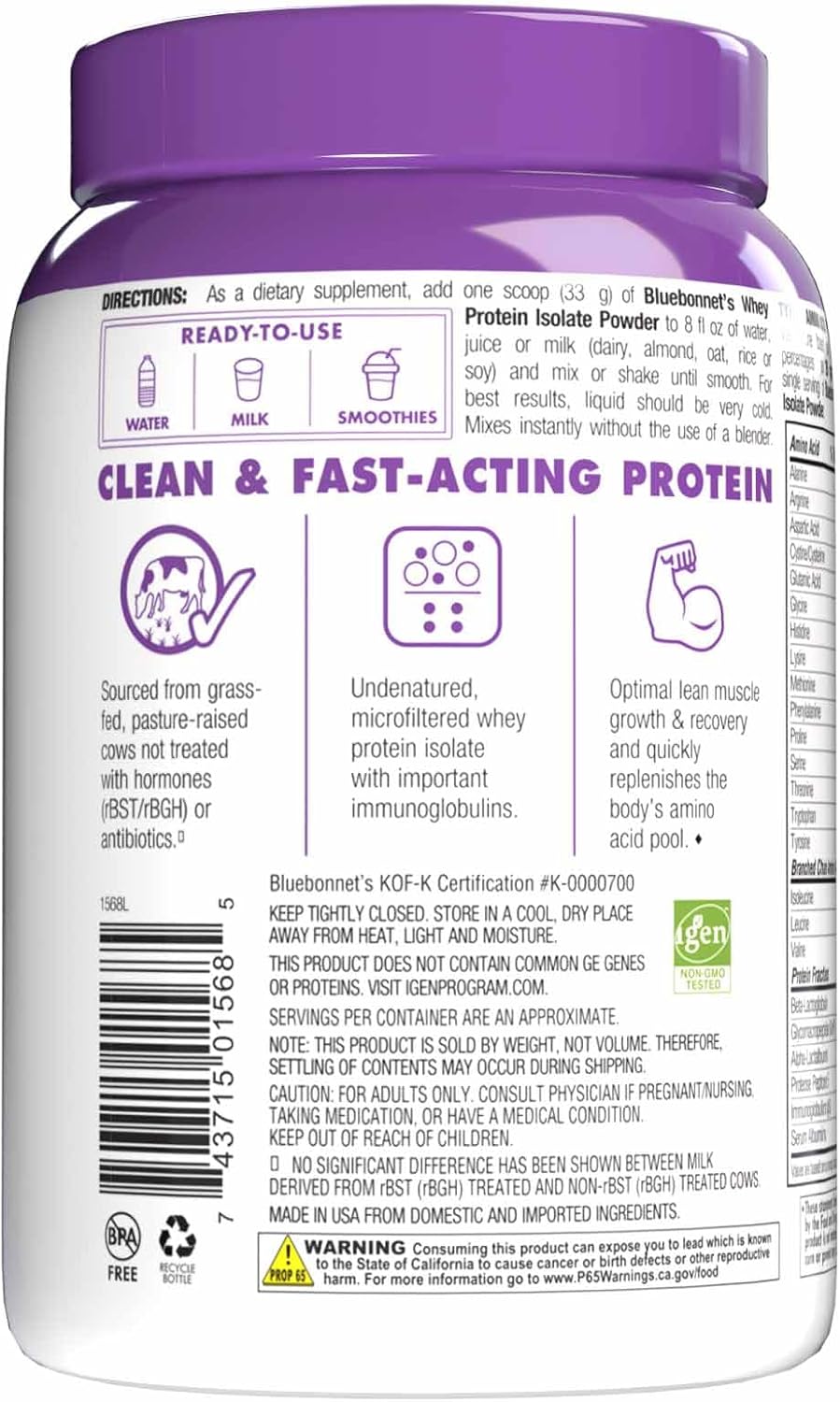 Bluebonnet Nutrition Whey Protein Isolate Powder, Whey from Grass Fed Cows, 26 Grams of Protein, No Sugar Added, Gluten Free, Soy Free, Kosher Dairy, 2.2 lbs, 32 Servings, Original Unflavored | Kosher