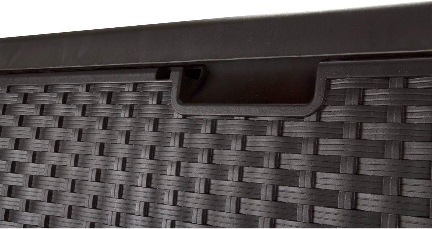 Suncast 99 Gal Wicker Resin Deck Box, Storage Chest Bin with Handles, Java