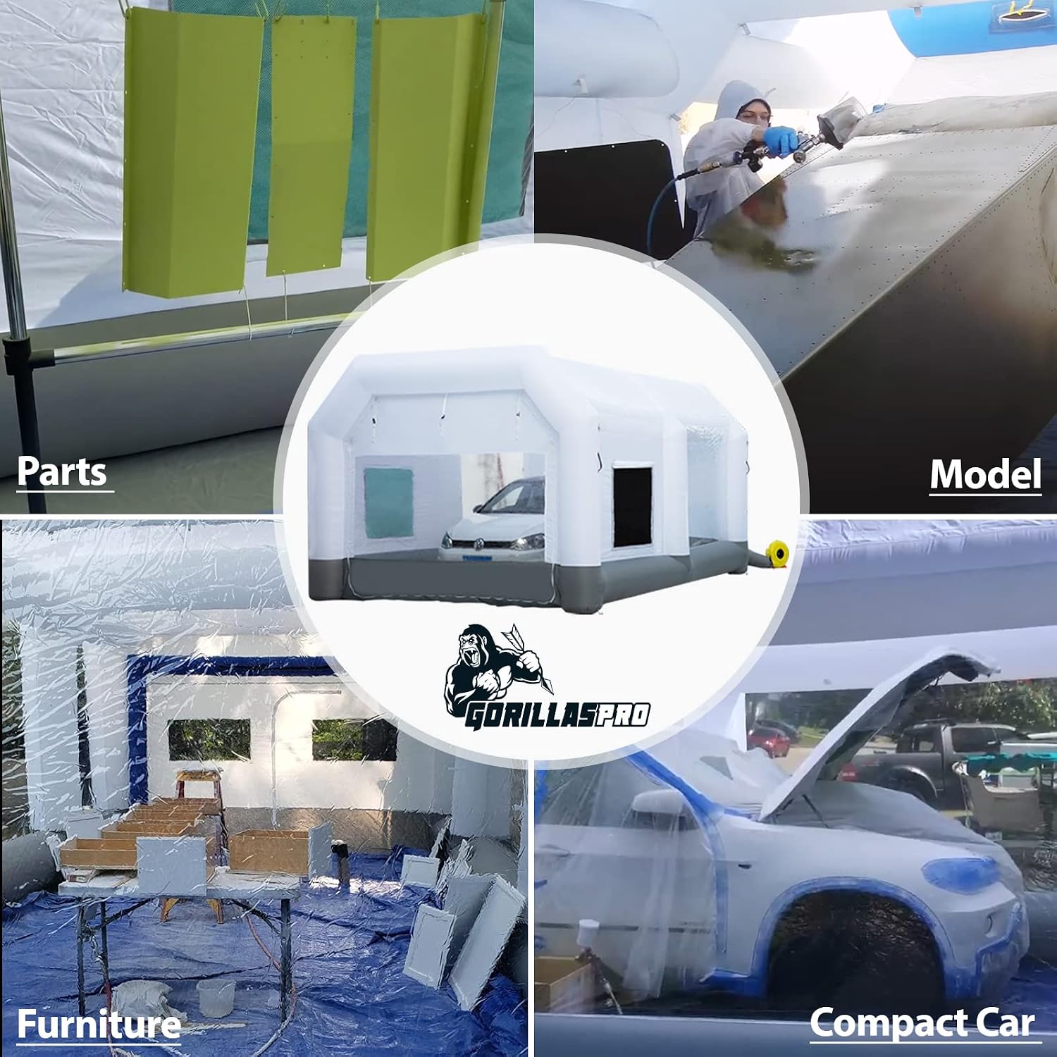 GORILLASPRO Inflatable Paint Booth 26x15x10Ft, Inflatable Spray Booth with (750W + 950W) Blowers, Upgrade Air Filter System Environment Friendly