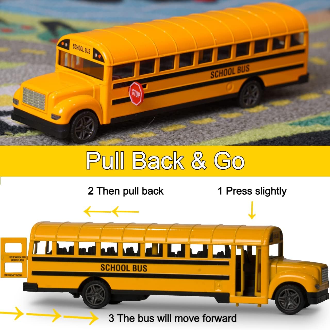ArtCreativity Yellow School Bus Toy for Kids - 8.5 Inch Pull Back Car with Cool Opening Doors and Rubber Tires - Durable Diecast School Bus - Best