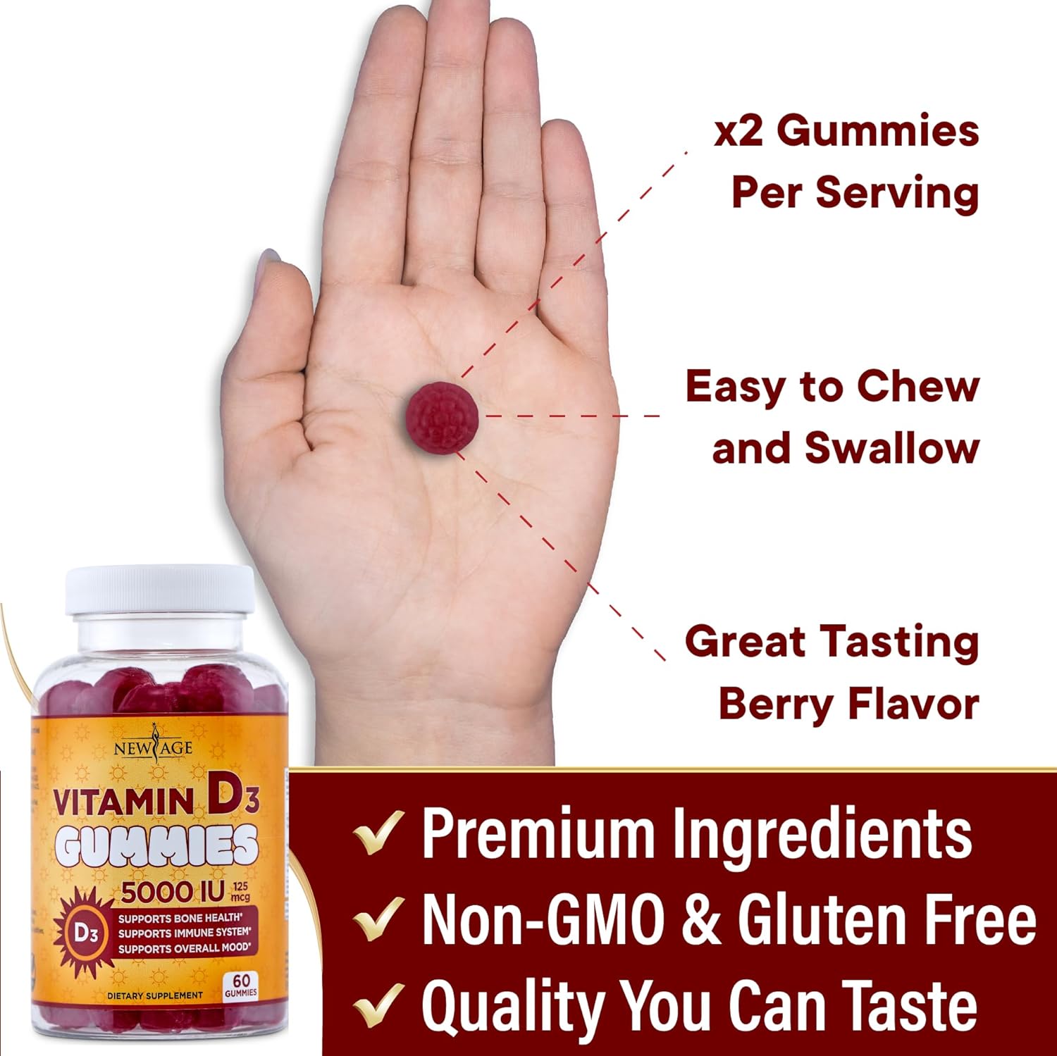 NEW AGE Vitamin D3 5000 IU 125mcg Gummies - Immune Supplement - Non-GMO, Gluten-Free, Dairy-Free, No Gelatin (120 Gummies (Pack of 2))