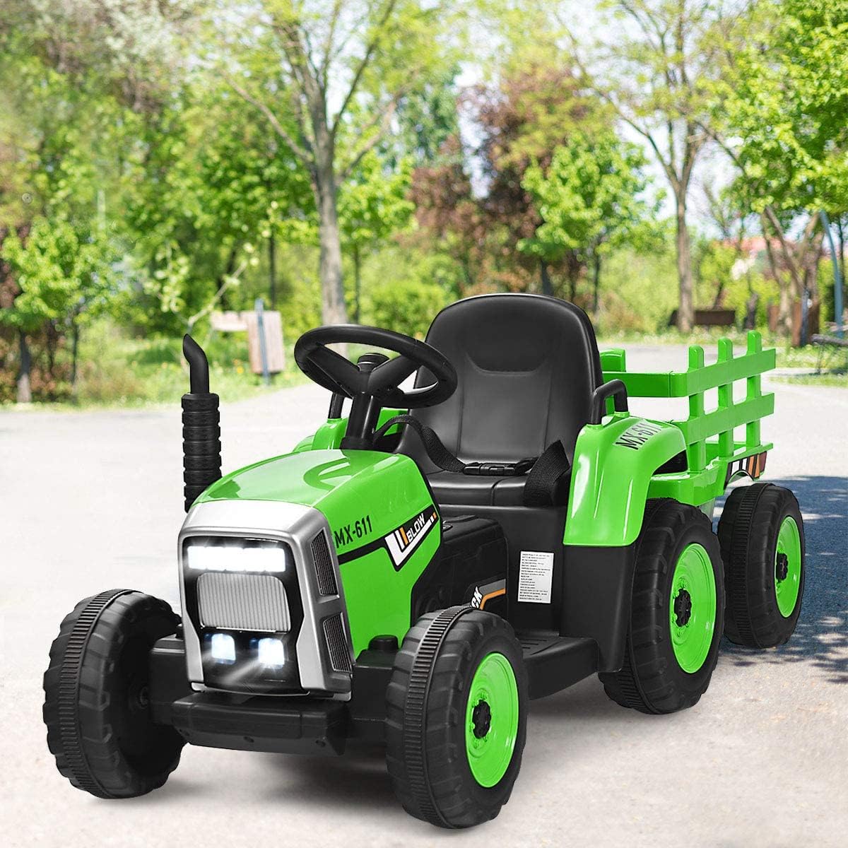 Costzon Ride on Tractor with Detachable Trailer, Kids' Electric Vehicles w/3-Gear-Shift Ground Loader, Wireless Design & USB, 7 LED Headlights