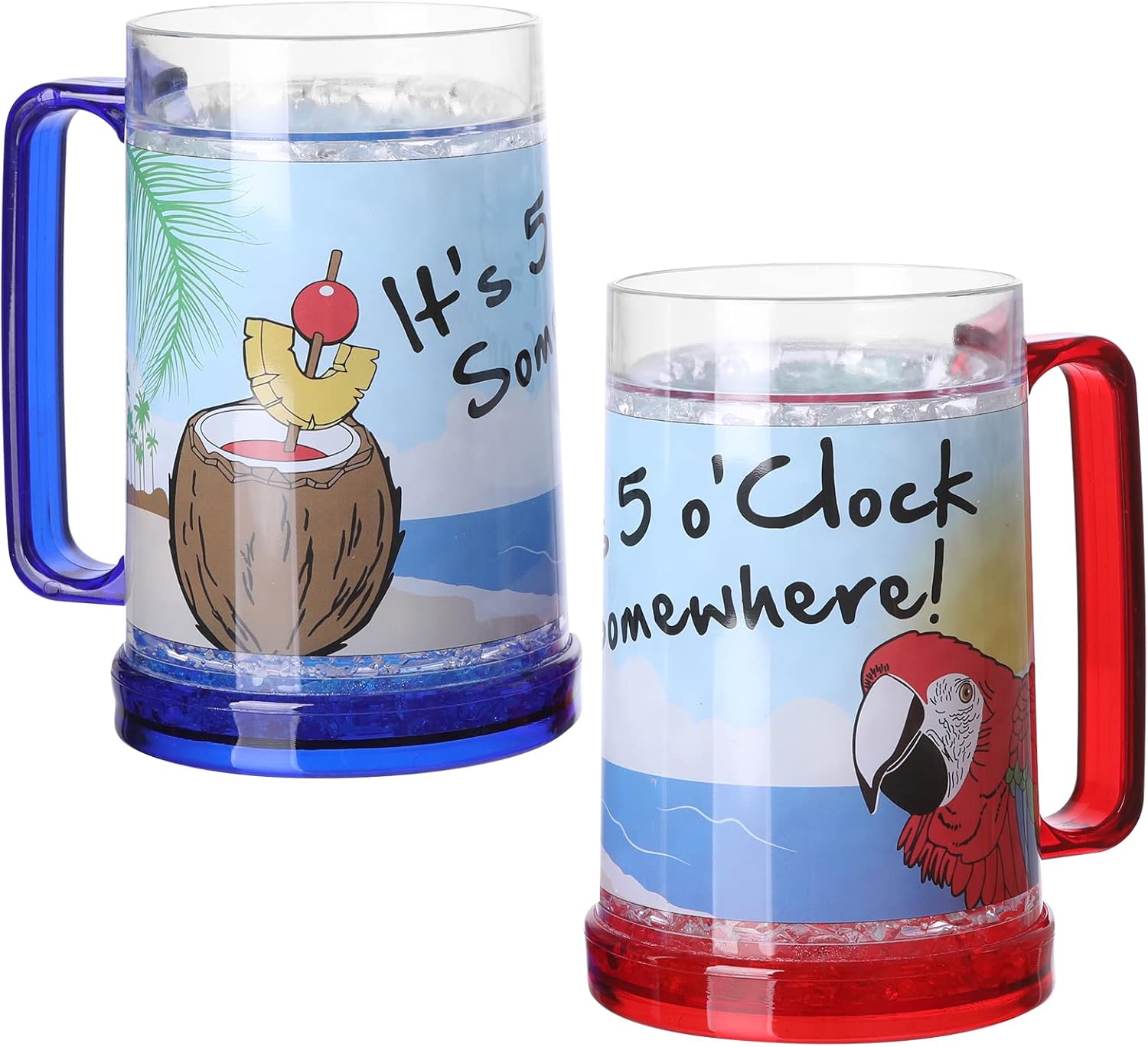 It's 5 O'Clock Somewhere Party Parrot Double Wall Gel Frosty Freezer Ice Mugs Clear 16oz Set of 2