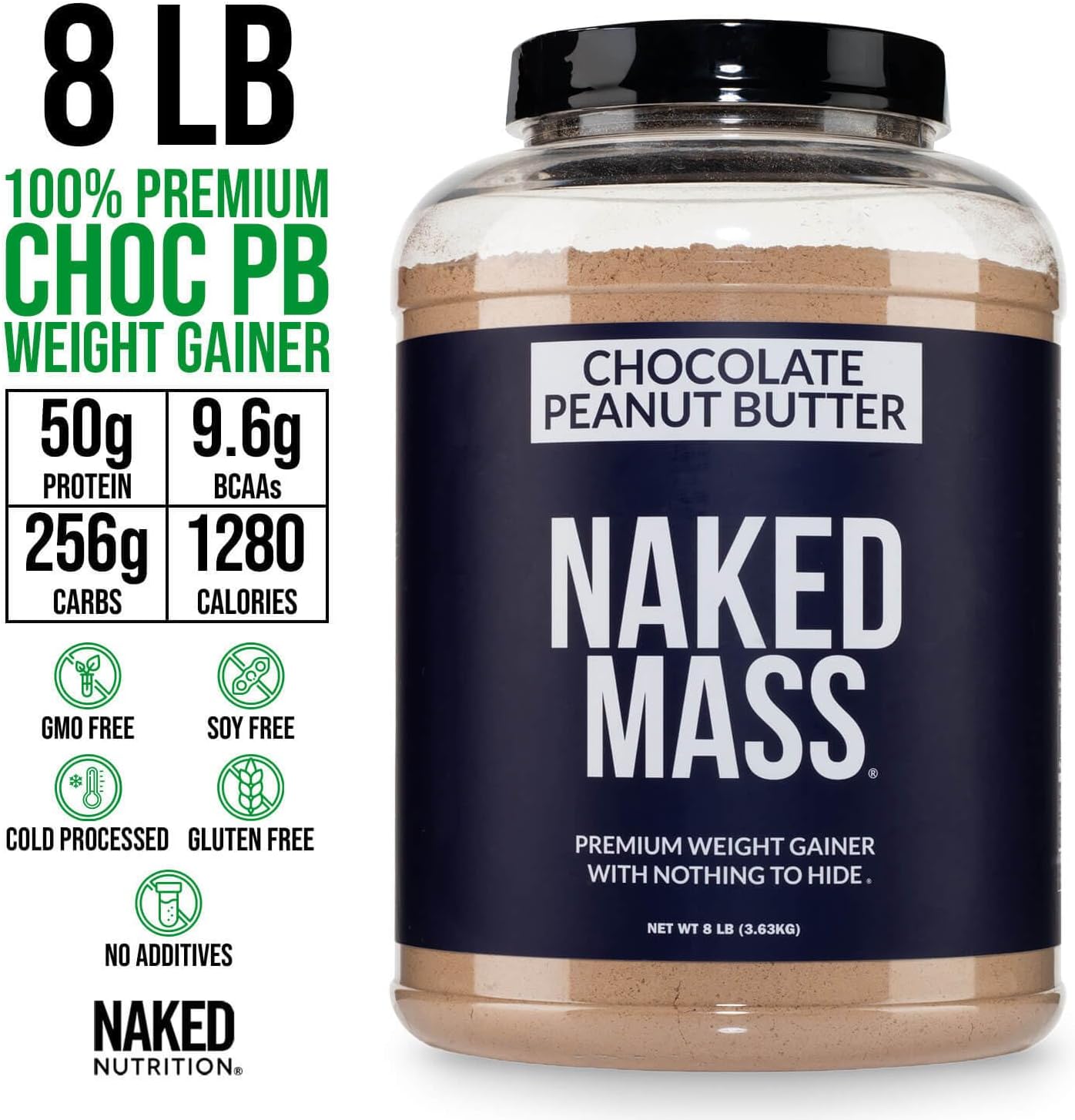 NAKED Mass - Natural Weight Gainer Protein Powder - 8 LB Bulk, NSF Certified, GMO Free, Gluten Free & Soy Free. No Artificial Ingredients - 1,250 Calories per Serving