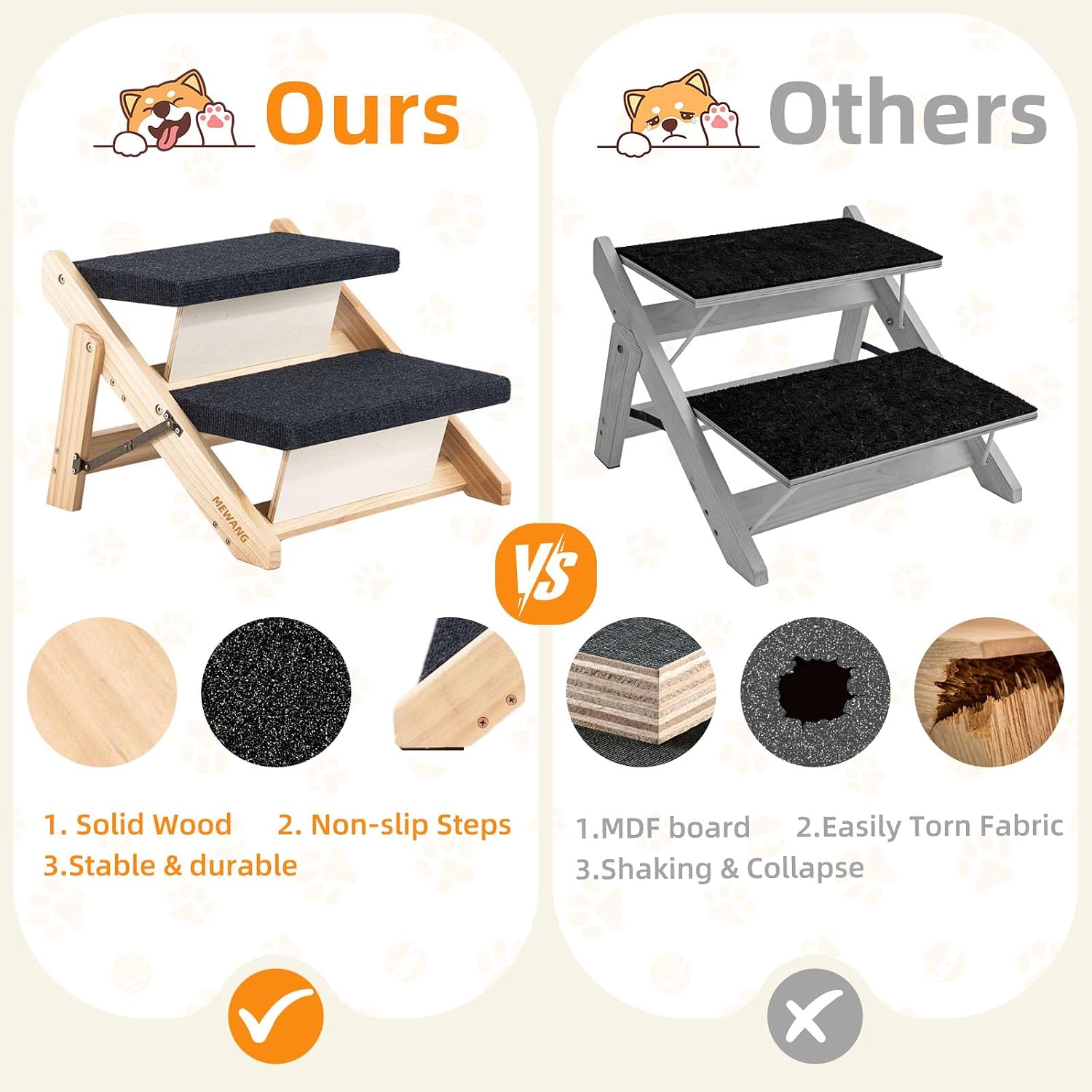 MEWANG Wood Pet Stairs & Ramp for Small/Medium Dogs & Cats, Aging Pets – 2-in-1 Foldable, Portable, Non-Slip Pet Ladder for Tall Beds, Couches