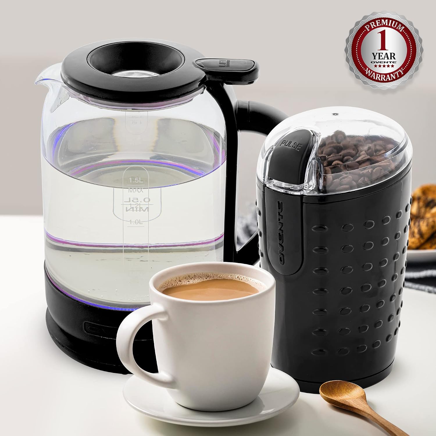OVENTE Electric Coffee Grinder with One Touch Push-Button, White CG225W | 2.5oz Capacity, 150W Motor, Stainless Steel Blades for Uniform Grinding of Beans, Spices, Herb, Nuts & More, Safety Lock Lid