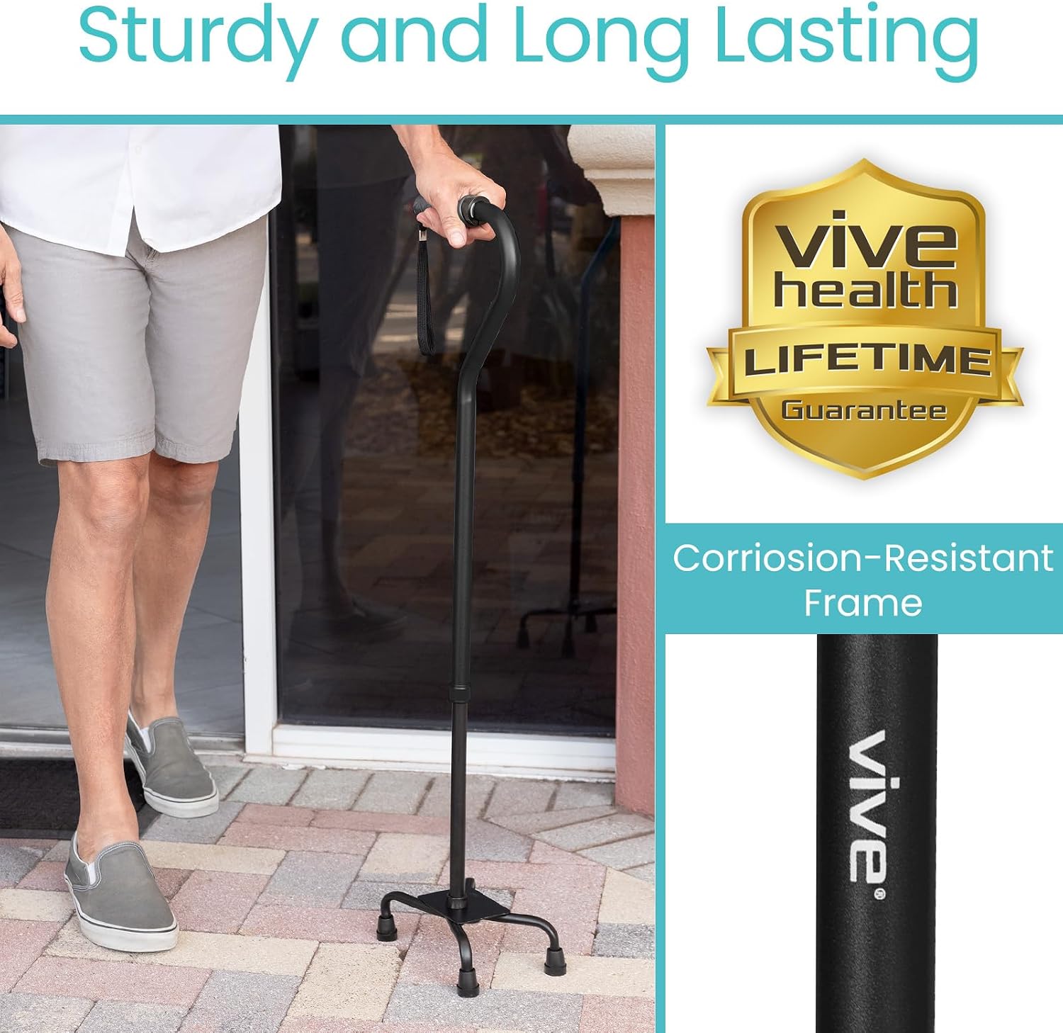 Vive Quad Cane - Walking Stick for Men and Women - Lightweight Adjustable Staff - Comfortable Right and Left Hand Grip for Stability Support - Four Prong Sturdy Aluminum Travel Aid - 4 Tip Blue | Senior 4 Prong Walking Stick for Stability & Balance- Righ…