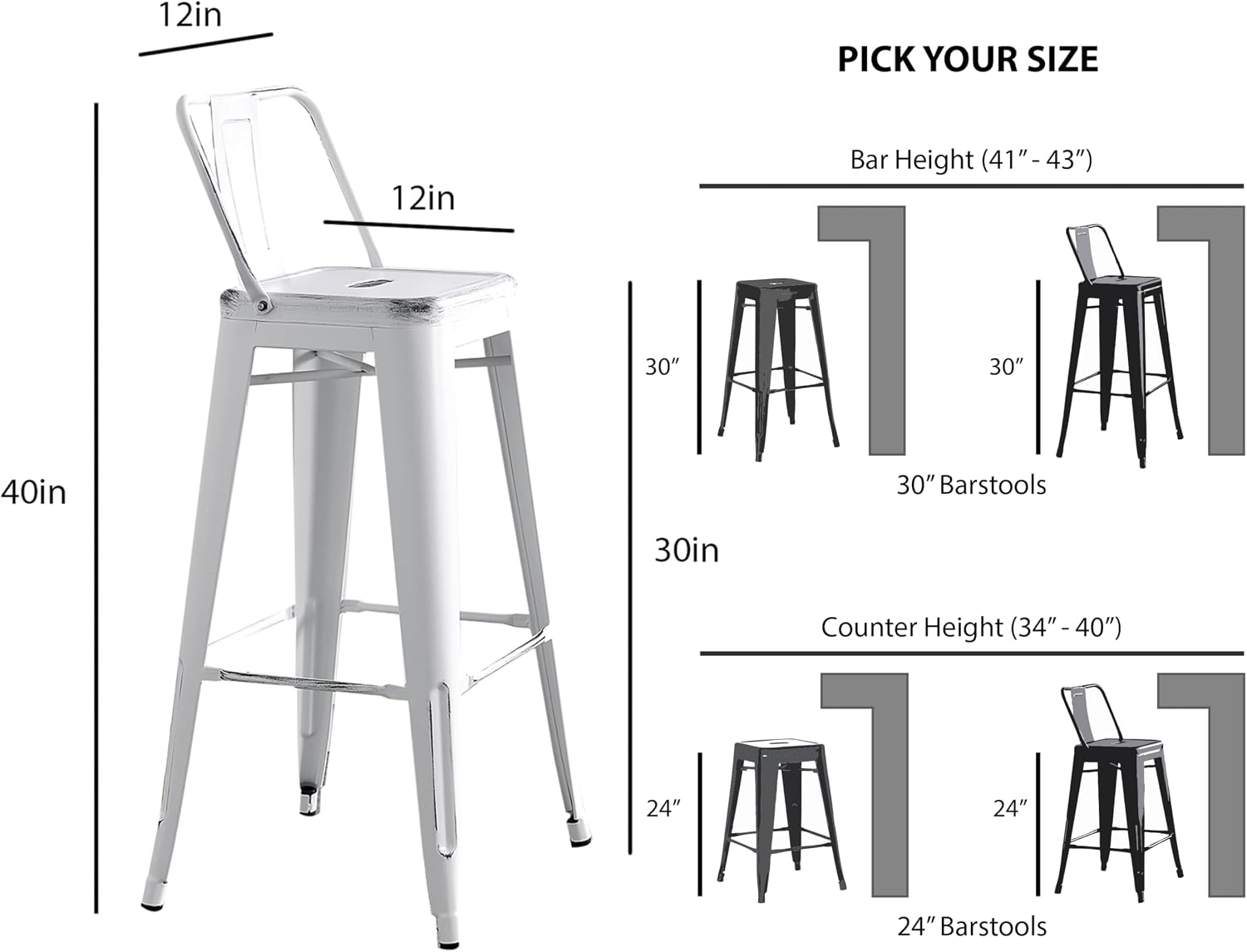 AC Pacific 30” Metal Barstool Set of 2 – Country Rustic Style with Low Back, Lightweight & Sturdy Build, Easy Assembly – Matte Black
