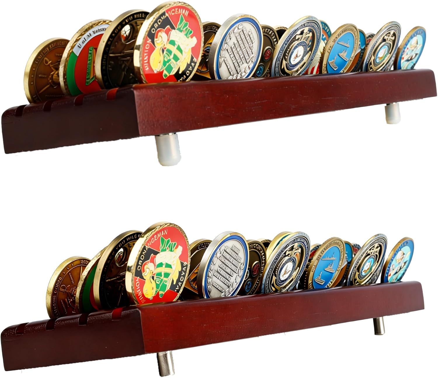 DisplayGifts Challenge Coin Display Stand 4 Row Wooden Holder Rack Case Holds 28 Coins Walnut Finish