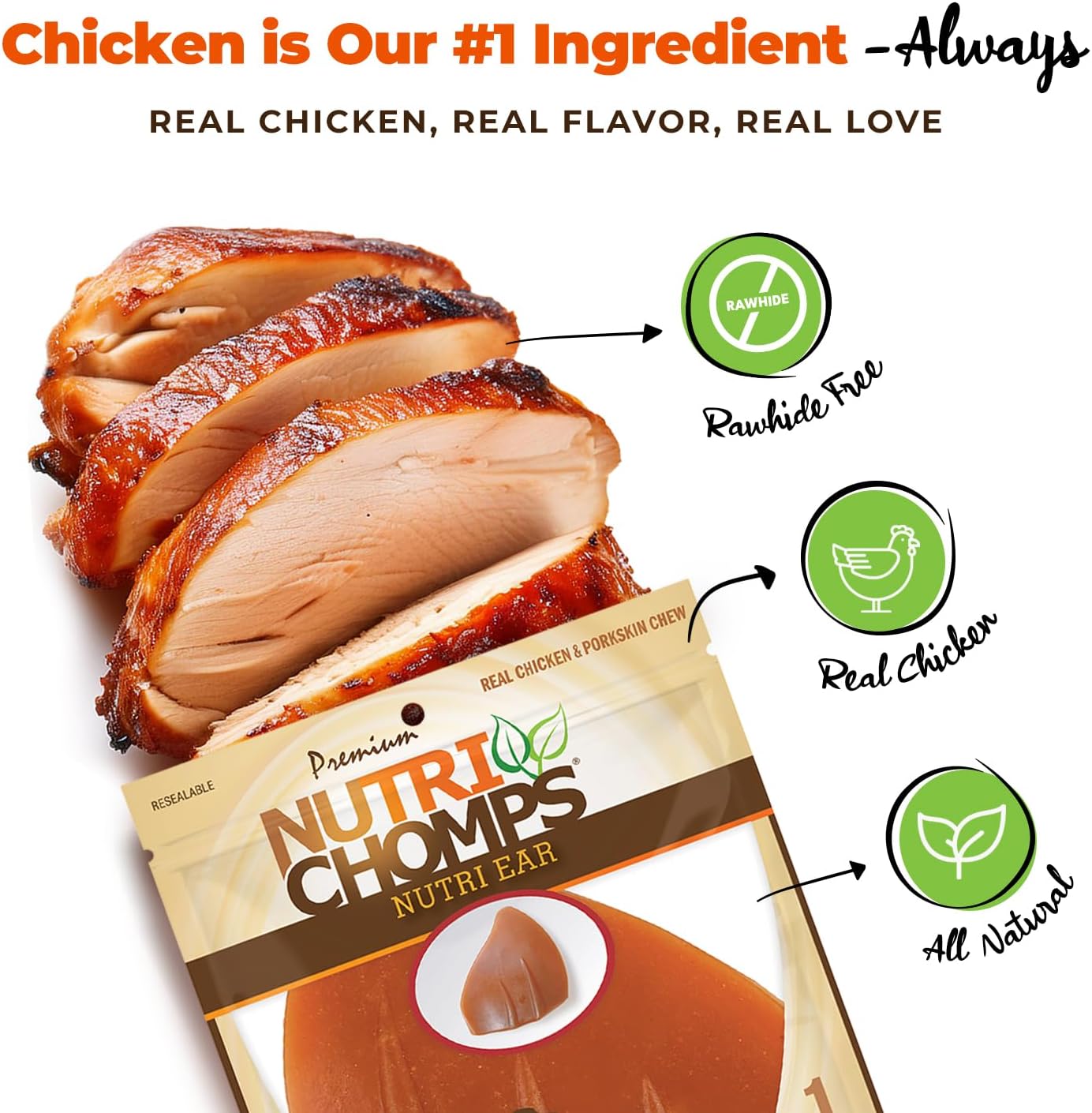 NutriChomps Rawhide-Free Dog Chews, Ear-Shaped, Chicken, 10 Count