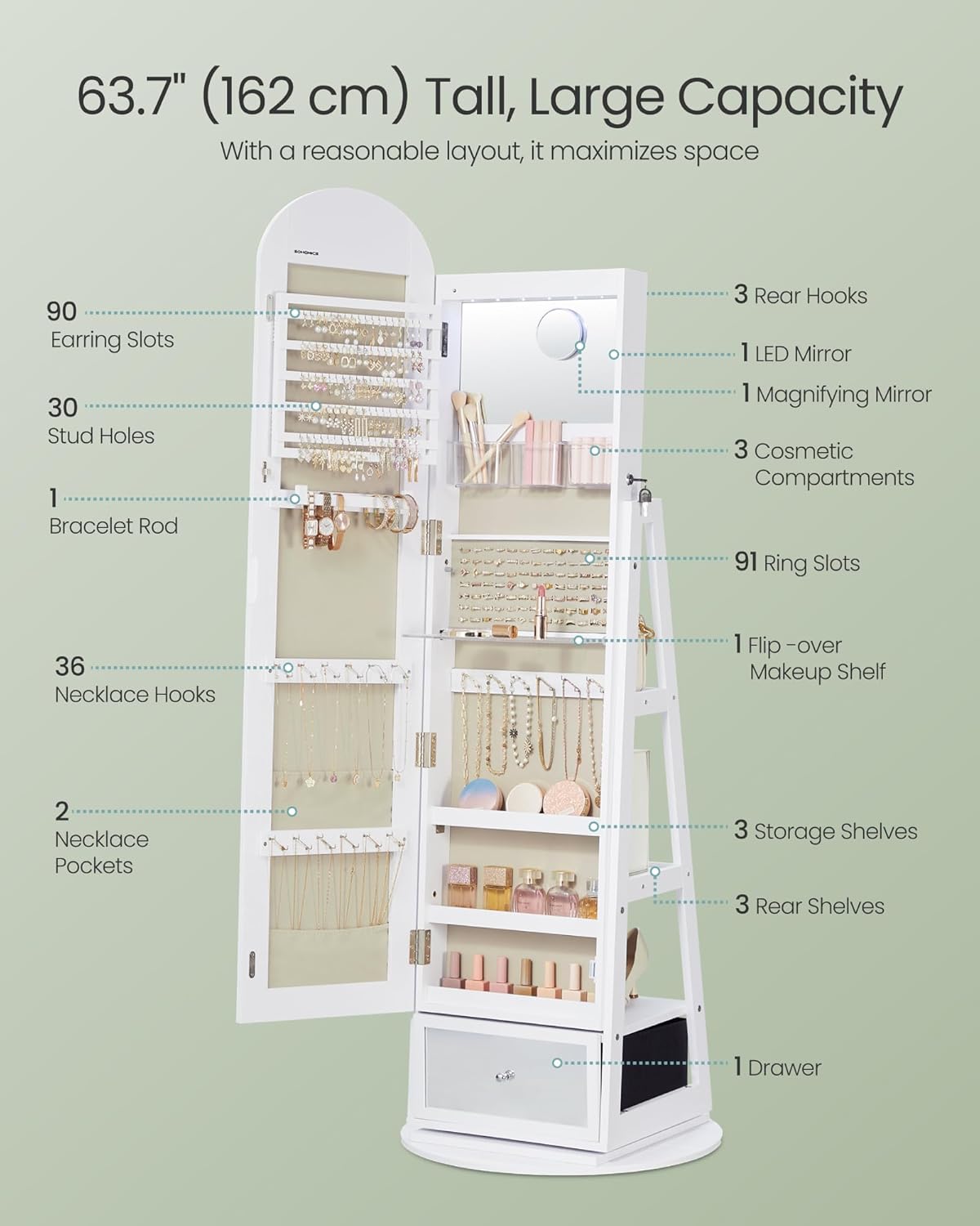 SONGMICS 360° Swivel Jewelry Cabinet, Full-Length Mirror, Lockable