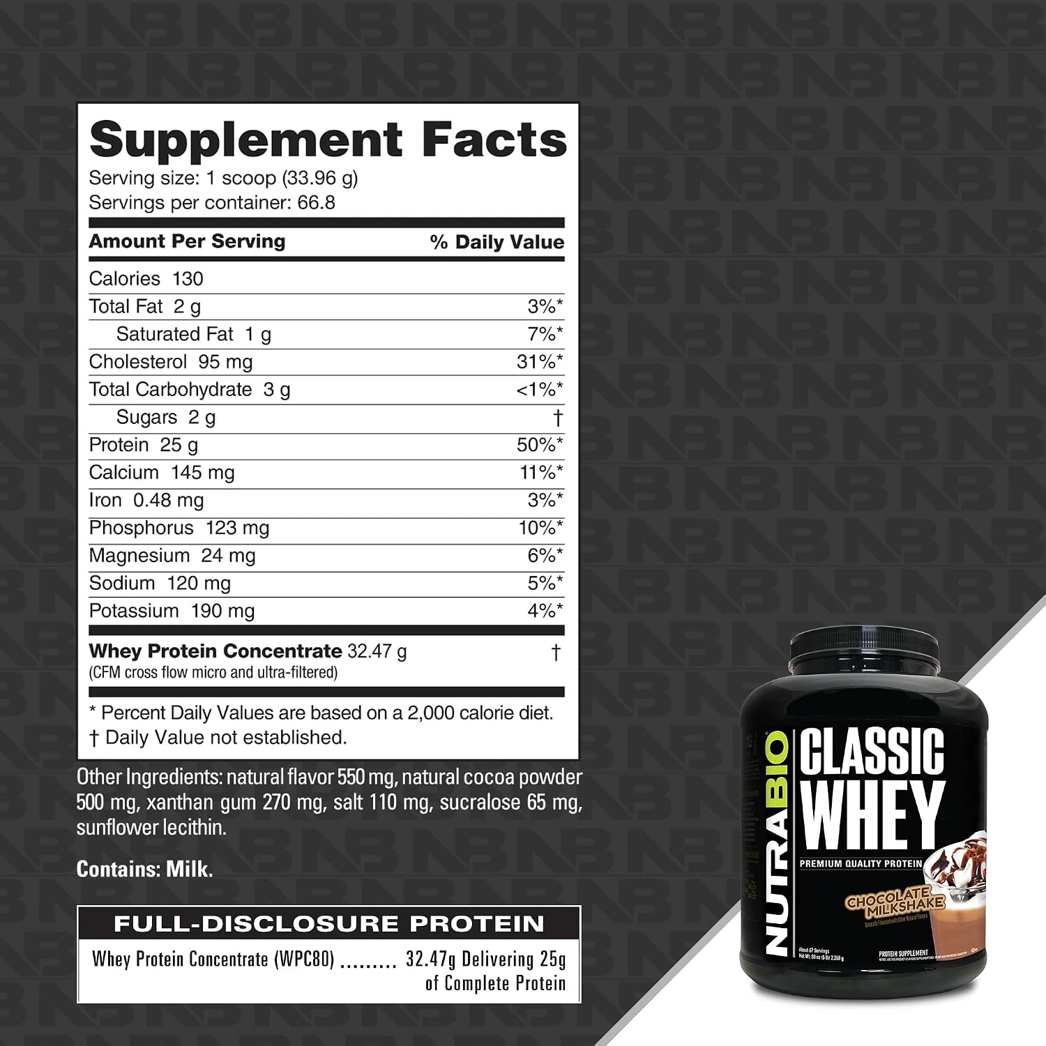 NutraBio Classic Whey Protein Powder- 25G of Protein Per Scoop - No Fillers, Artificial Colors, Preservatives - Chocolate Milkshake, 2 Pounds