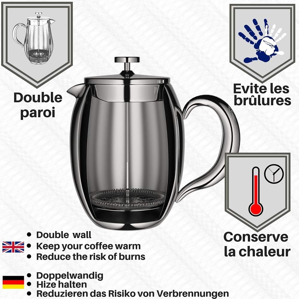 VeoHome - 0.75 litre plunger - Unbreakable and keeps the coffee hot for a long time thanks to its double stainless steel shell