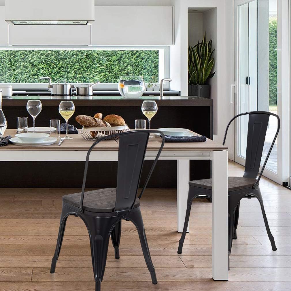 FDW | Metal Dining Chairs | Set of 4, Black | 330lbs Load | Stackable Tolix Side Chairs with Backrest | Non-Slip Feet | Indoor/Outdoor Use | Ideal for Kitchen & Restaurants