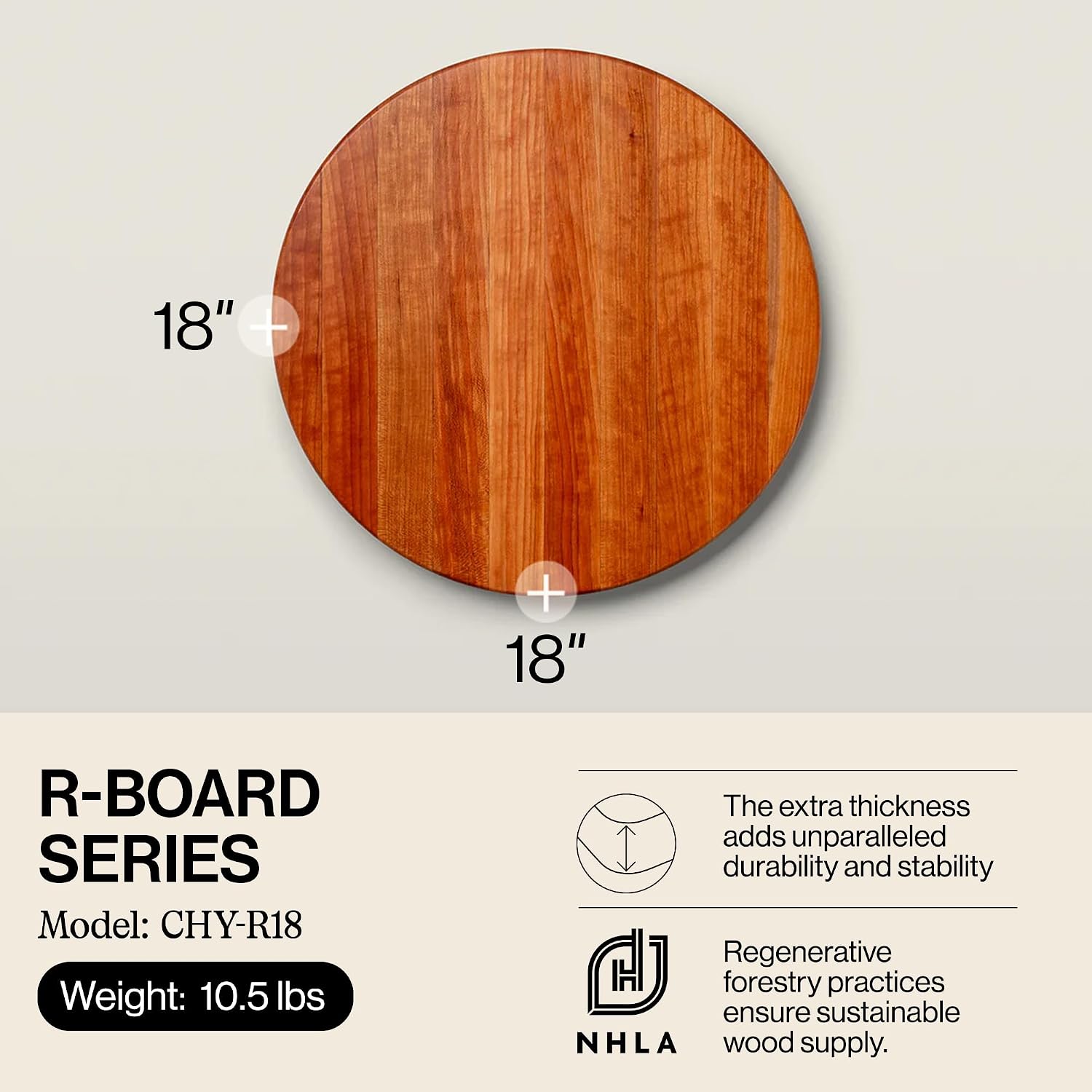 John Boos R-Board Series Round Wooden Maple Cutting Board 18”x18” – 1.5” Thick, 14-lb Reversible Butcher Block with Edge-Grain – Made in the USA
