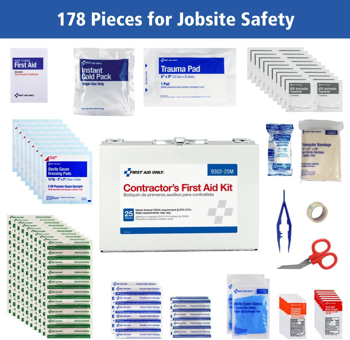 First Aid Only 9302-25M 25-Person Contractor's First Aid Kit for Home Renovation, Job Sites, and Construction Vehicles, 178 Pieces, White