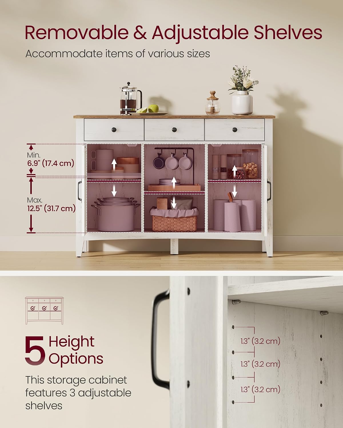 VASAGLE LIRY Collection - Storage Cabinet, Buffet Cabinet, Sideboard, Credenza, with Adjustable Shelves, for Entryway, Rustic White and Honey Brown ULSC381W01