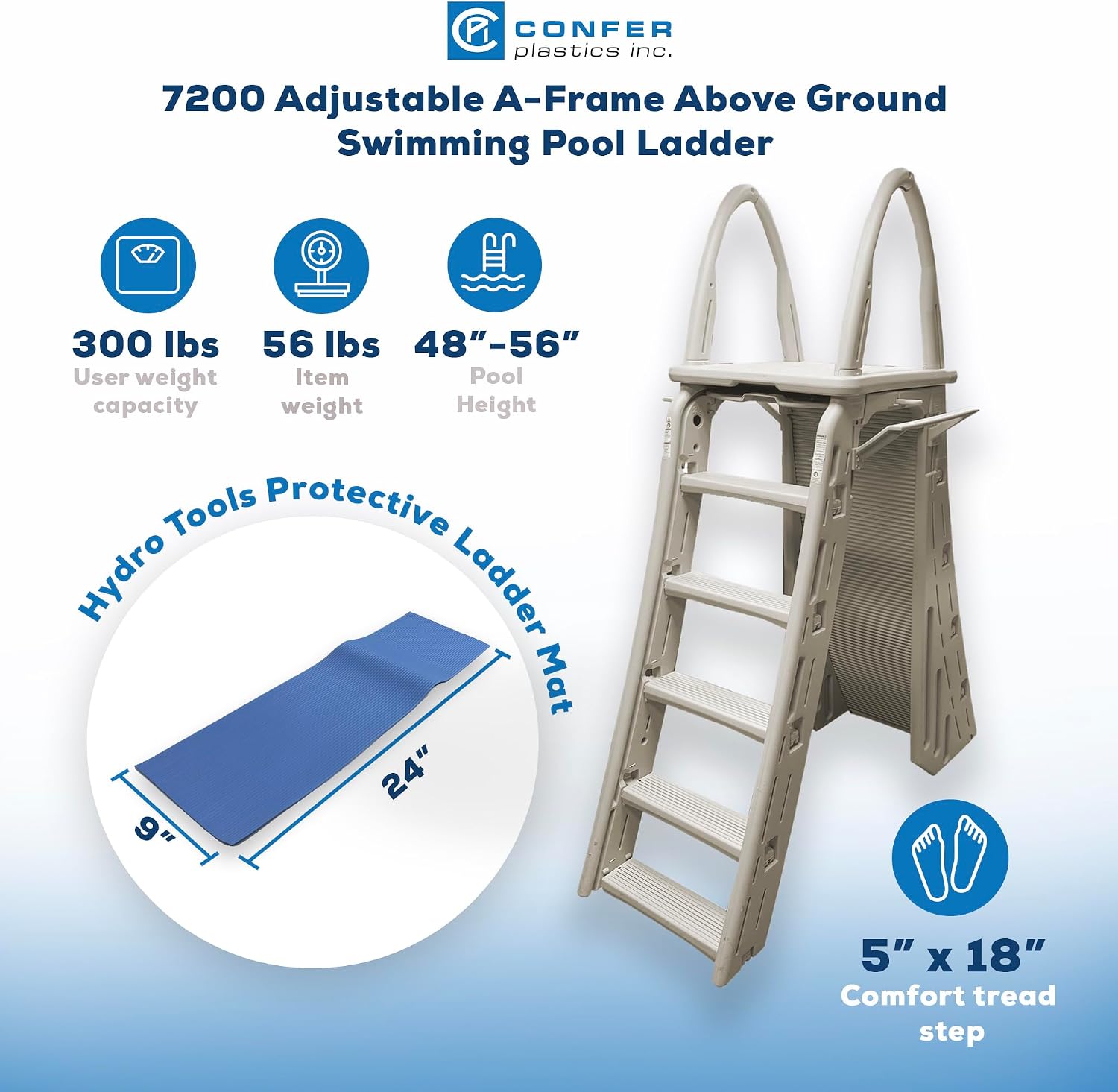 Plastics 7200 Adjustable A-Frame Safety Ladder Steps with Roll-Guard for Above Ground Pools & Hydrotools by Swimline 9" x 24" Ladder Mat