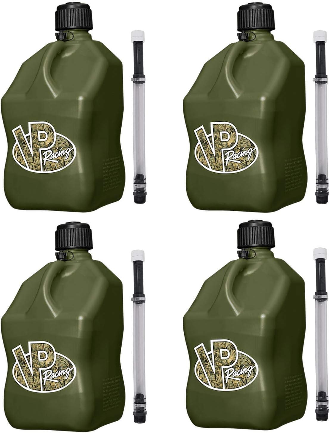 VP Racing 5.5-Gallon Square Motorsport Utility Container Camo (4 Pack) with a 14" Deluxe Hose (1 Pack) Close-Trimmed Cap and Neck for Tight Seal