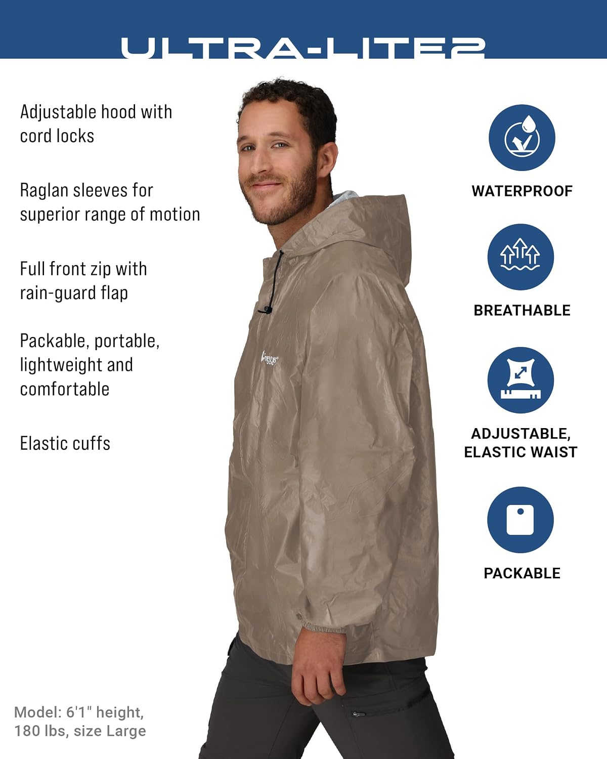 FROGG TOGGS Men's Ultra-lite2 2-Layer Waterproof Breathable Rain Jacket | Sealed seams, adjustable hood, storm flap, zippered chest pocket
