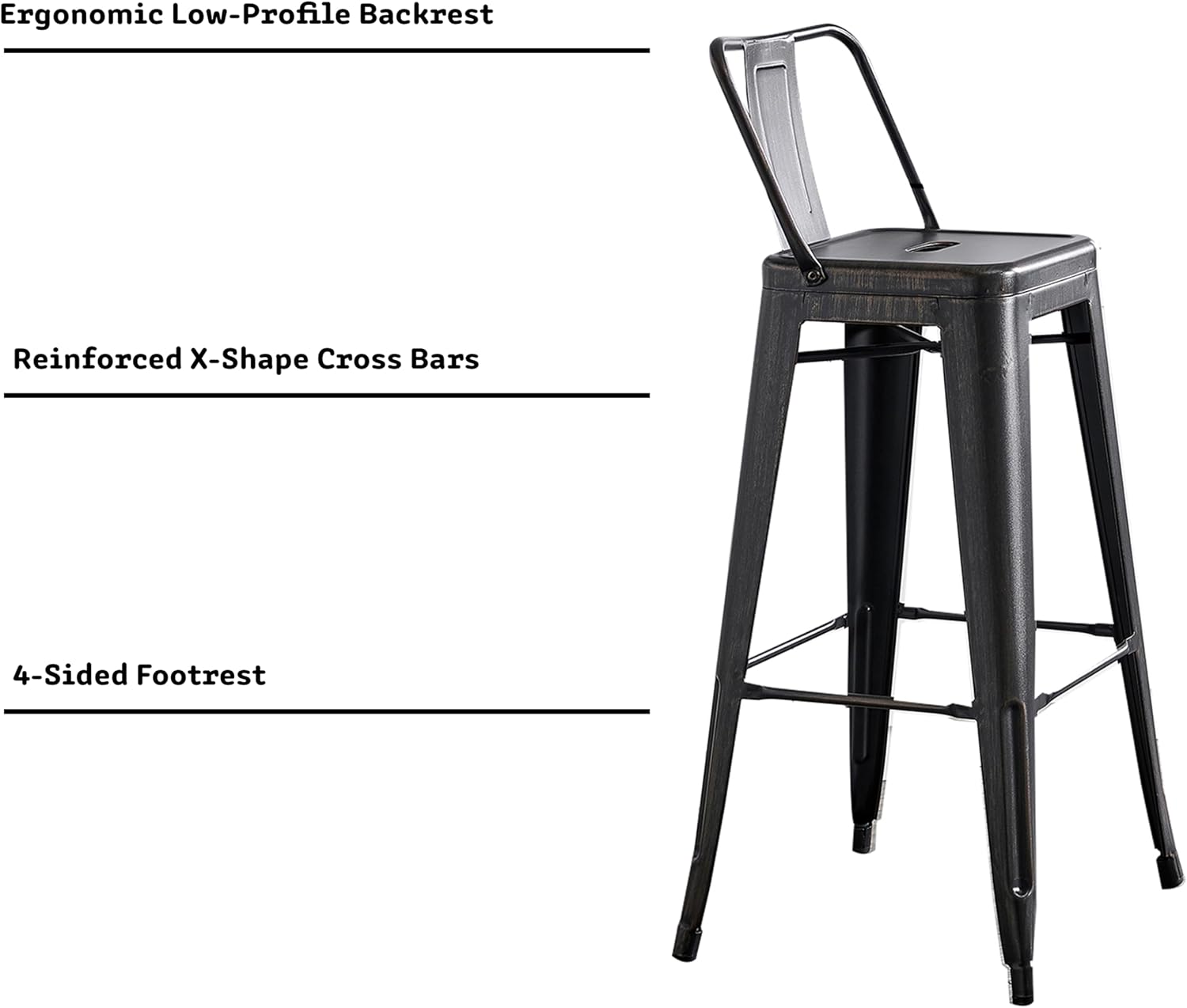 AC Pacific 30” Metal Barstool Set of 2 – Country Rustic Style with Low Back, Lightweight & Sturdy Build, Easy Assembly – Matte Black