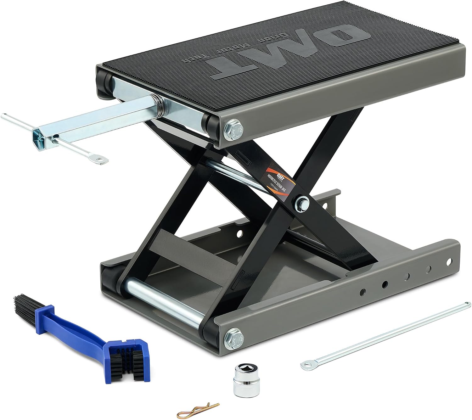 OMT 1100lb Motorcycle Scissor Lift Jack Wide Deck Motorbike Hoist Stand | Center Stand For ATV Dirt Bike Cruiser; T Handle And 3/8 Inch Socket; 3.7 To 14.6 Inch Lift; 5 Locking Holes; Chain Brush