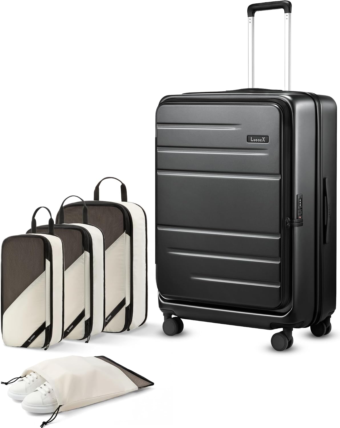 LUGGEX Checked Top Opening Expandable Suitcase, Black, 28" | Checked Luggage, Top Opening Design, 100% PC Hard Shell, Expandable Storage, TSA Approved Lock, 105L-115L Capacity, FX-Core
