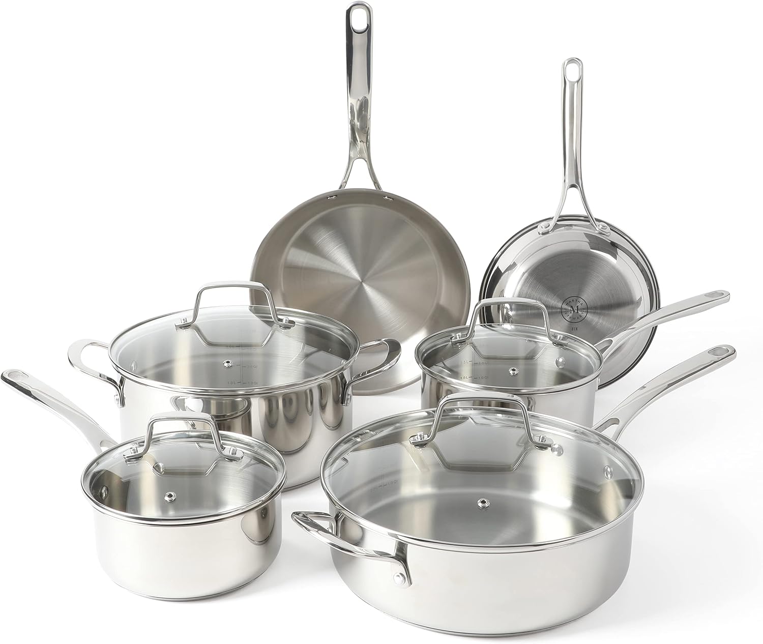 Martha Stewart Castelle 10 Piece 18/8 Durable Stainless Steel Induction Safe Pots and Pans Non-Toxic Kitchen Cookware Set - Gold Handles - Dishwasher Safe