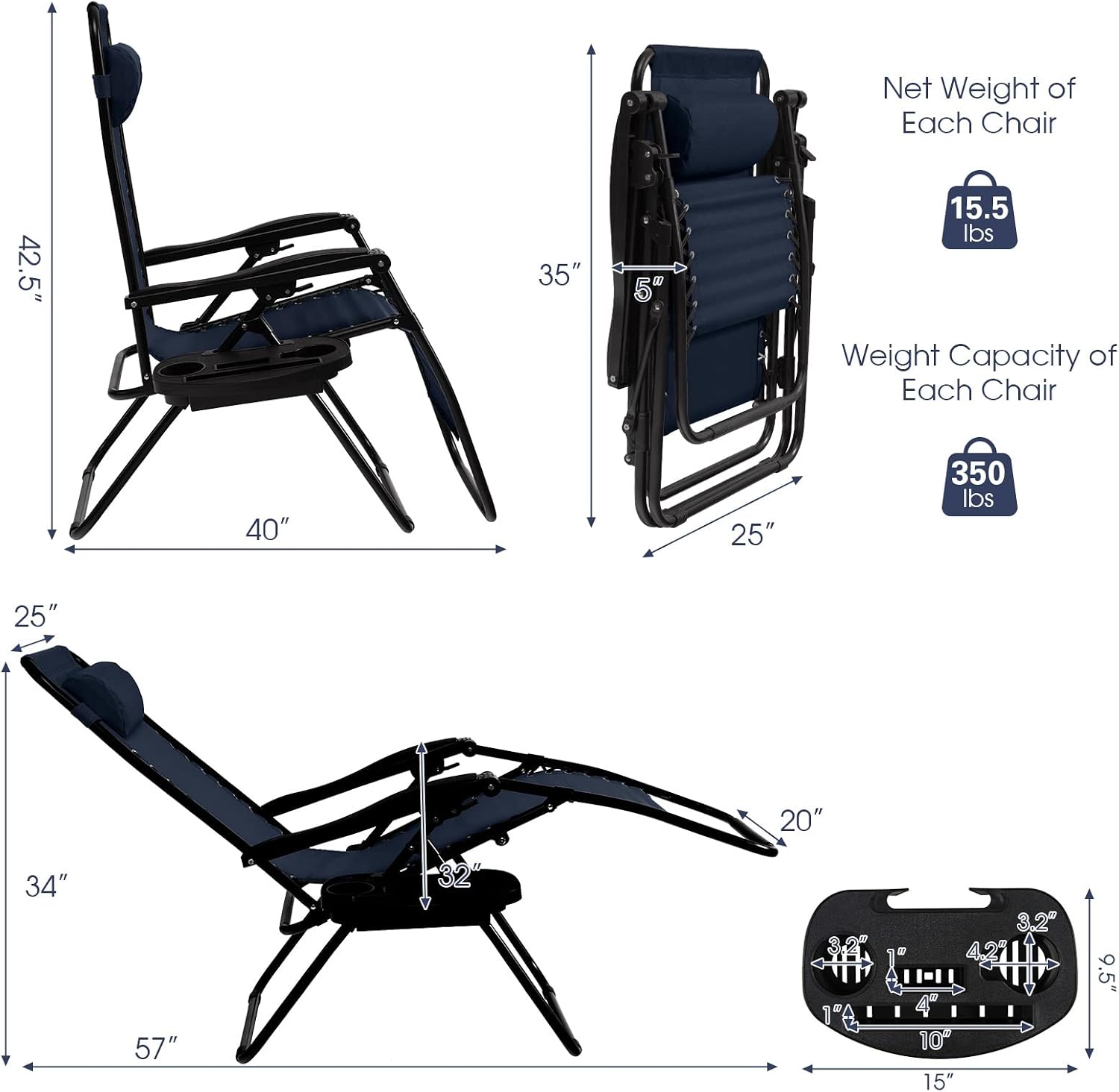 Goplus Zero Gravity Lounge Chairs, 160°Adjustable Folding Recliner w/Pillow and Cup Holder, 350LBS Comfy Outdoor Lounge Chairs for Patio, Lawn, Yard & Camp(1, Gray)