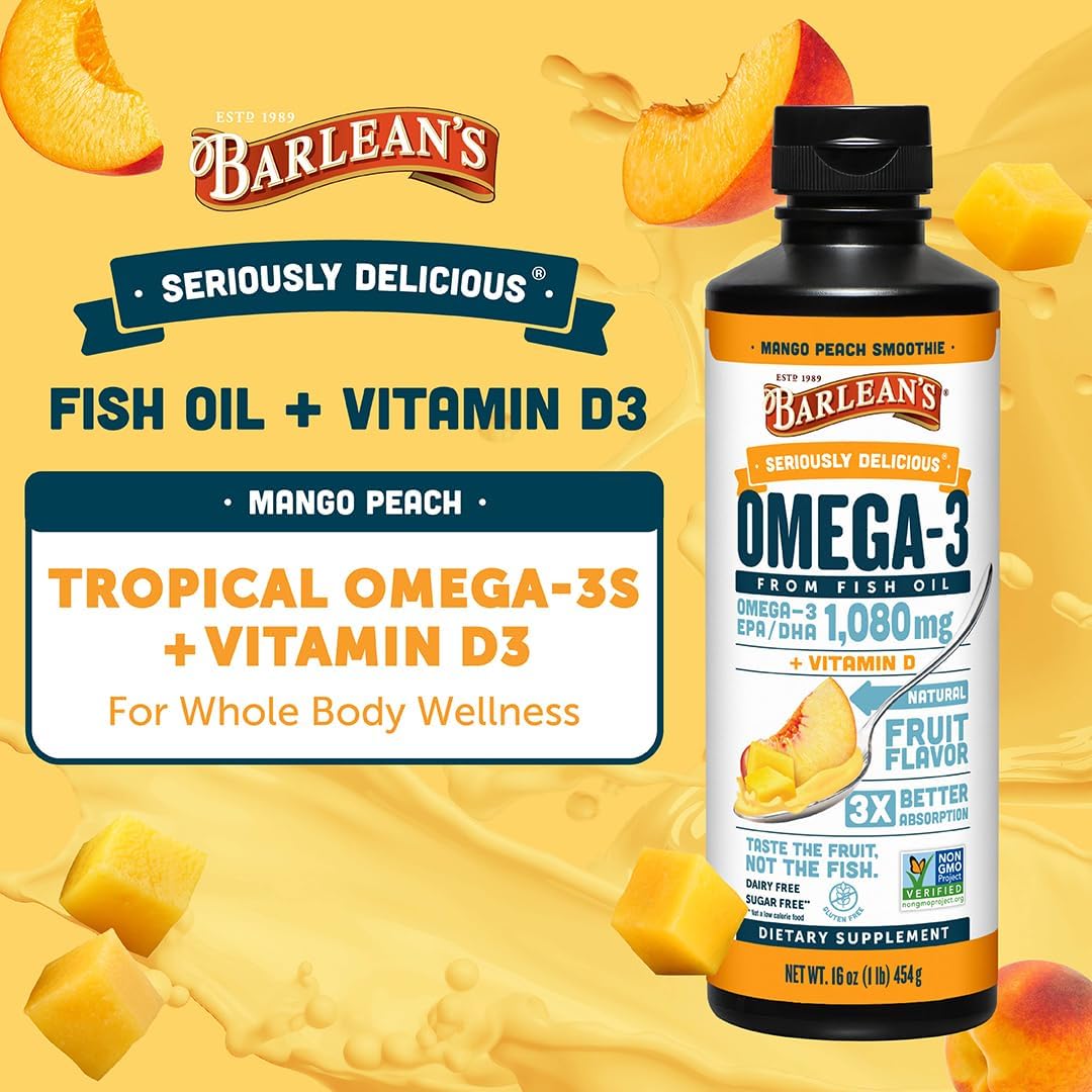Barlean's Mango Peach Omega-3 Fish Oil, Vitamin D, 1080mg EPA & DHA, 8oz | Wild-caught fish oil plus vitamin D, EPA DHA omega-3, Burpless, Non-GMO, Gluten-free, Heart, brain, bone & immune