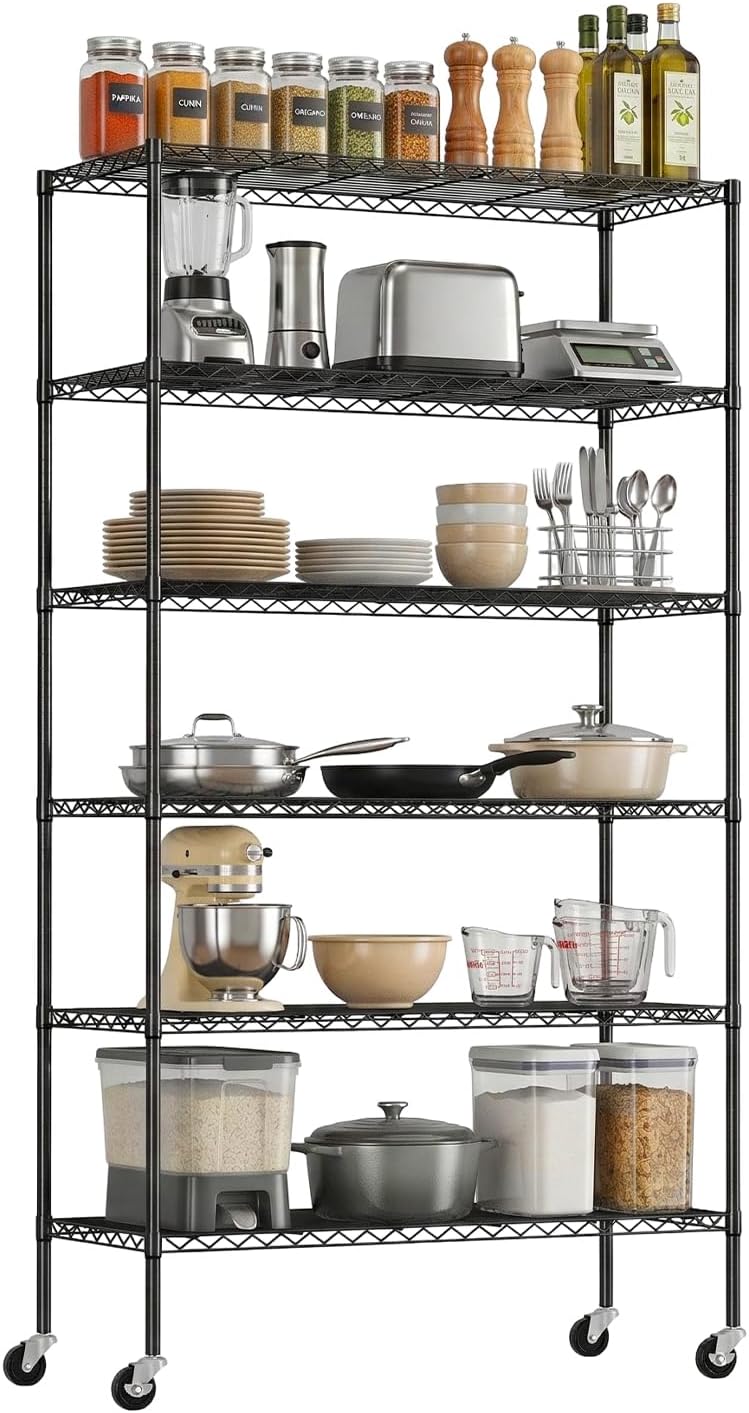 PayLessHere | 6-Tier Wire Shelf with Wheels | 45"x18"x82" | Black