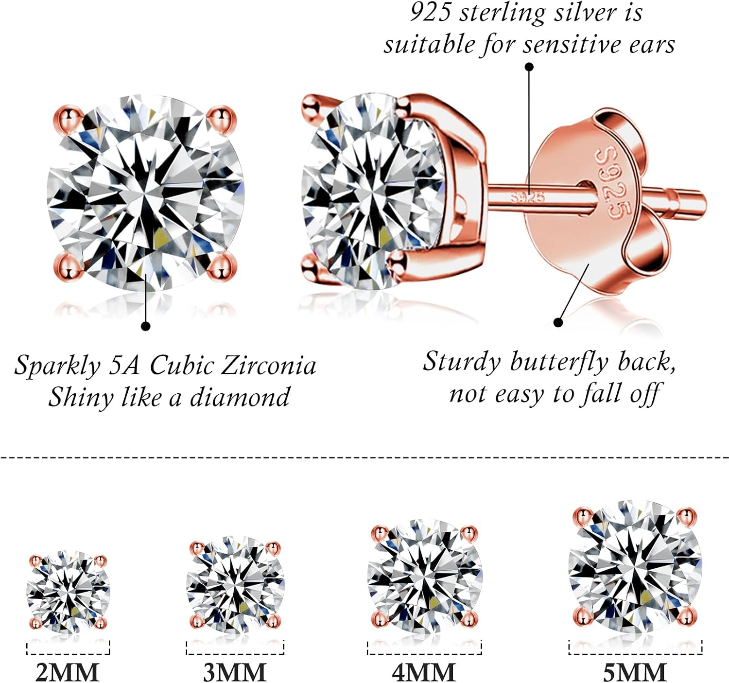 925 Sterling Silver Stud earrings Set | White Gold Plated Hypoallergenic Stud Earrings | Cubic Zirconia Stud Earrings for Women (2mm, 3mm, 4mm, 5mm