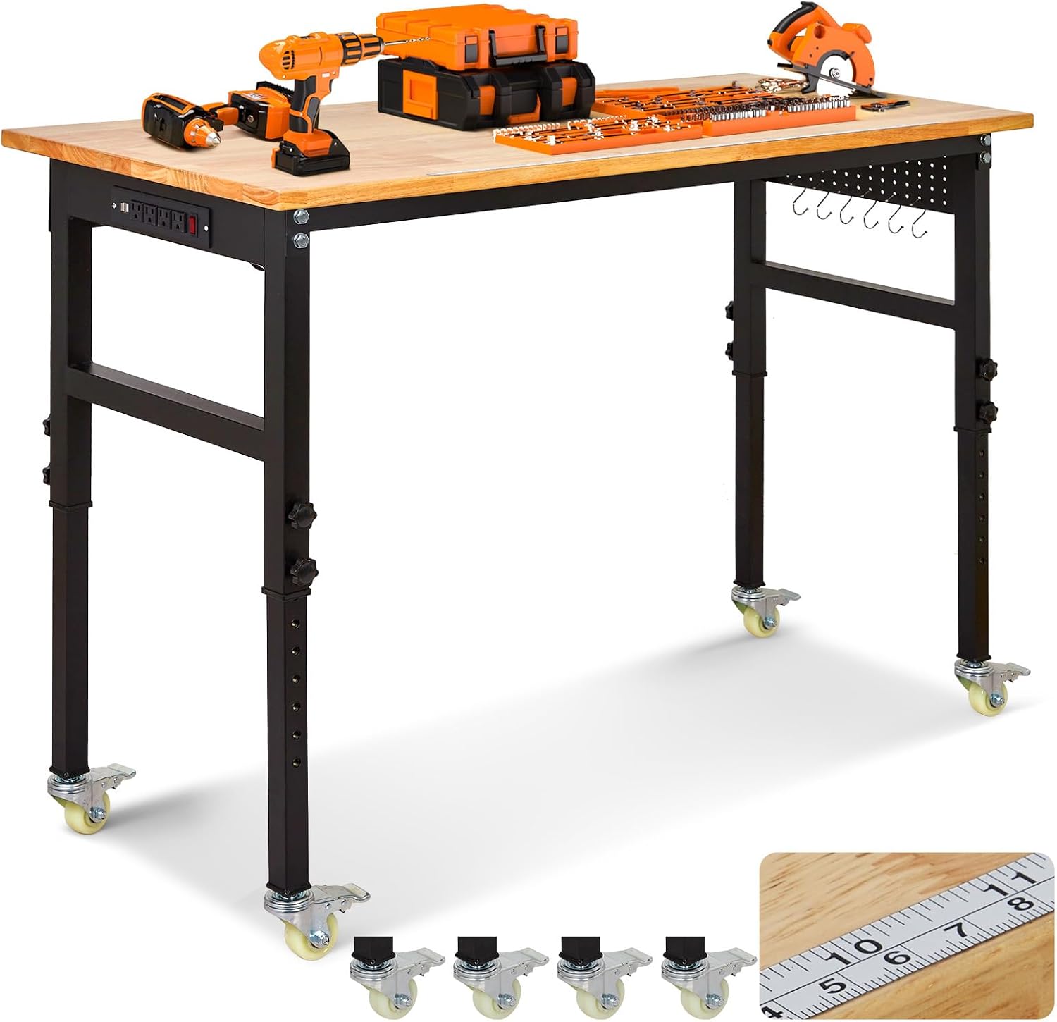 48" Adjustable Workbench, 8-Level Height Adjustable Rolling Work Table with Casters & Scale, Sit & Stand 2-in-1 Garage Tool Table with Pegboard & Hooks, for Workshop, Warehouse, DIY Projects