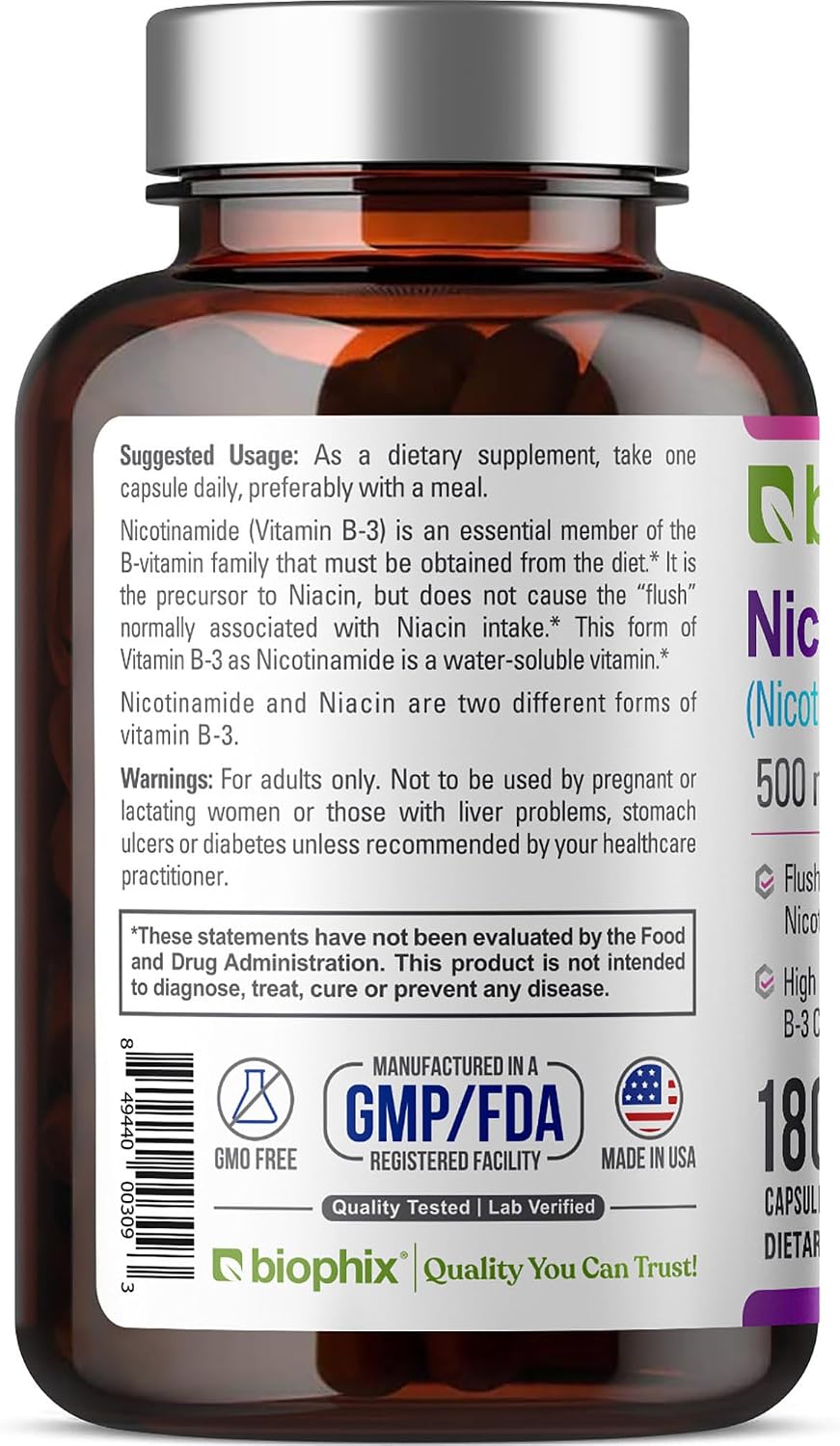 biophix B-3 Nicotinamide 500 mg 180 Caps - Nicotinic Amide Niacin Natural Flush-Free Vitamin Formula - Supports Skin Cell Health