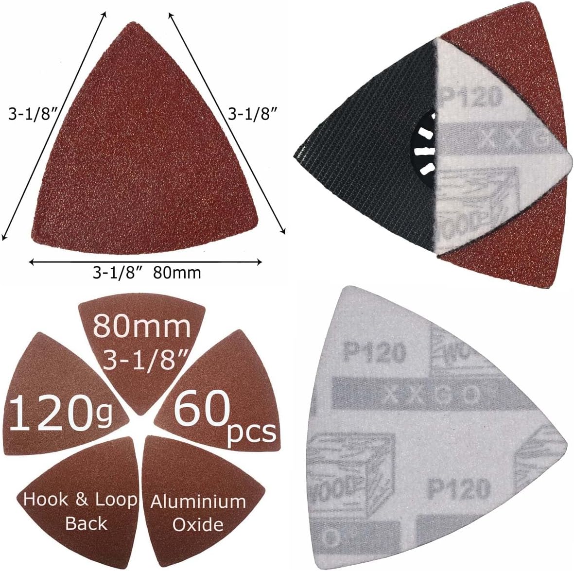 XXGO 55 Pcs 80mm 3-1/8 Inch Triangular Oscillating Multi Tool Sanding Pads | Assorted Grit , Hook & Loop Design , Strong Velcro , Best for Metal Wood Sanding