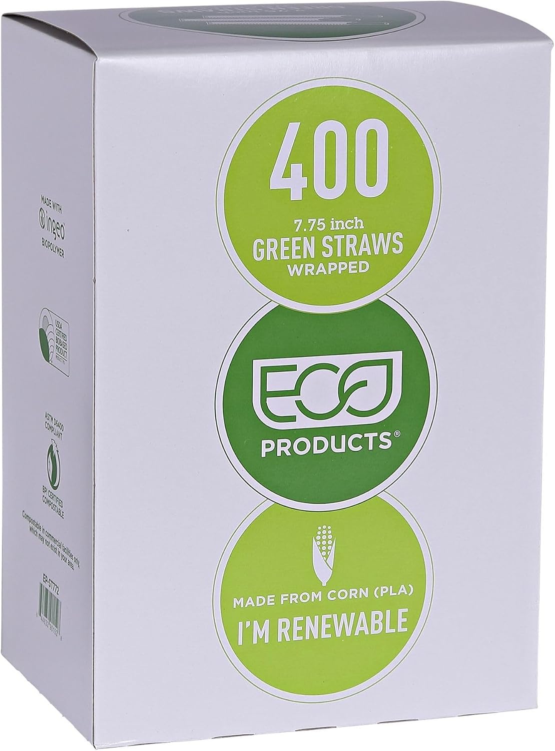 Eco-Products Compostable Paper Wrapped Plastic Straws, 7.75" Long, 5mm Diameter, Case of 9600, Green Disposable Plant Based PLA Plastic