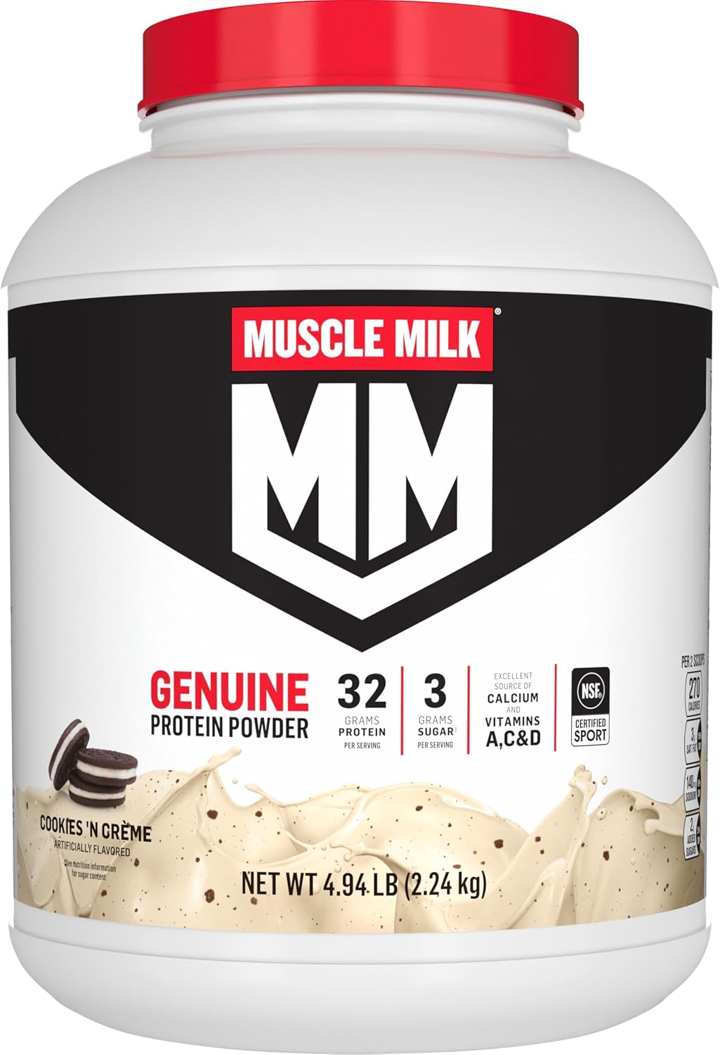 Muscle Milk Genuine Protein Powder, Chocolate, 4.94 Pound, 32 Servings, 32g Protein, 2g Sugar, Calcium, Vitamins A, C & D, NSF Certified for Sport, Energizing Snack, Packaging May Vary