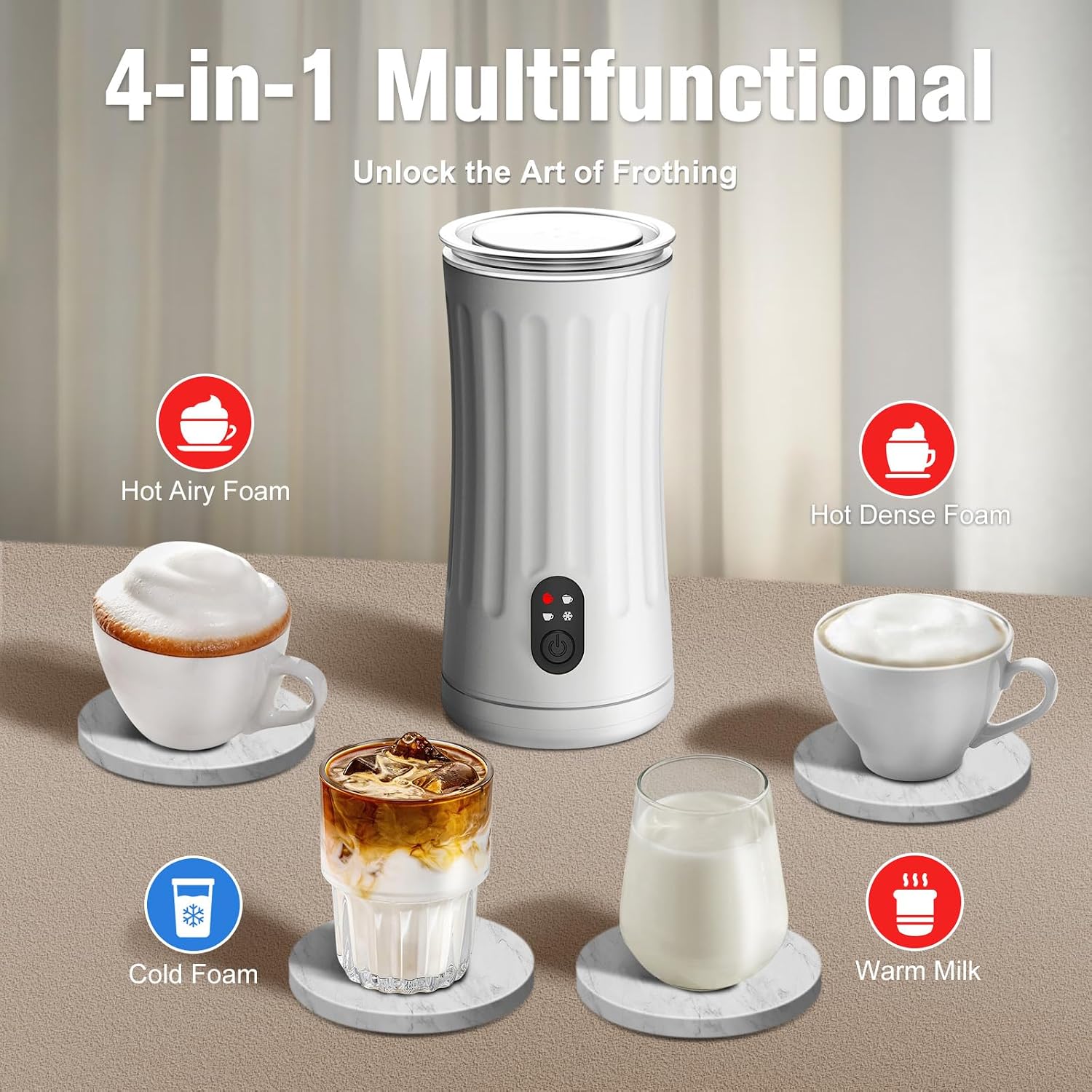 Milk Frother, 4-in-1 Milk Steamer and Frother, 8.1oz, White | Milk Warm and Cold Foam Maker, Auto Shut-Off Frother for Coffee, Latte, Cappuccino, Macchiato
