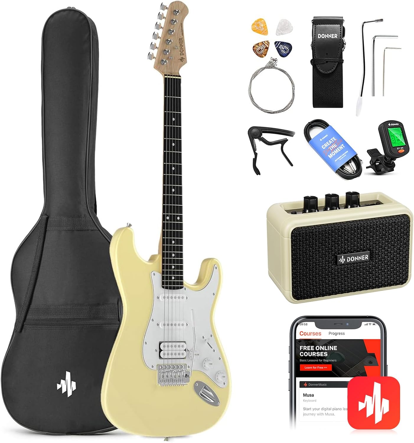 Donner 39-Inch Electric Guitar Starter Kit with Solid Body, HSS Pickup, Accessories, Amplifier, Lessons, and Digital Tuner - Red
